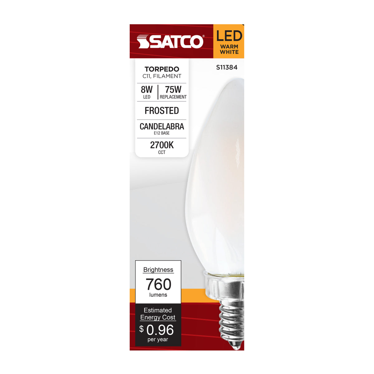 8 Watt C11 LED Filament - Frosted - Candelabra base - 2700K - 90 CRI - 760 Lumens - 120 Volt