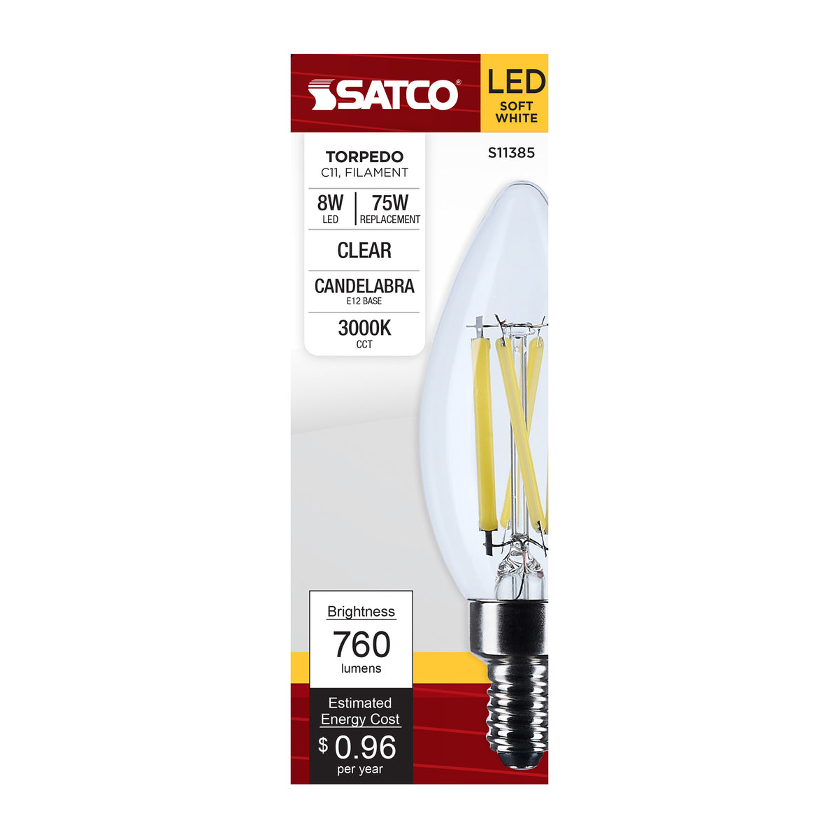 8 Watt C11 LED Filament - Clear - Candelabra base - 3000K - 90 CRI - 760 Lumens - 120 Volt