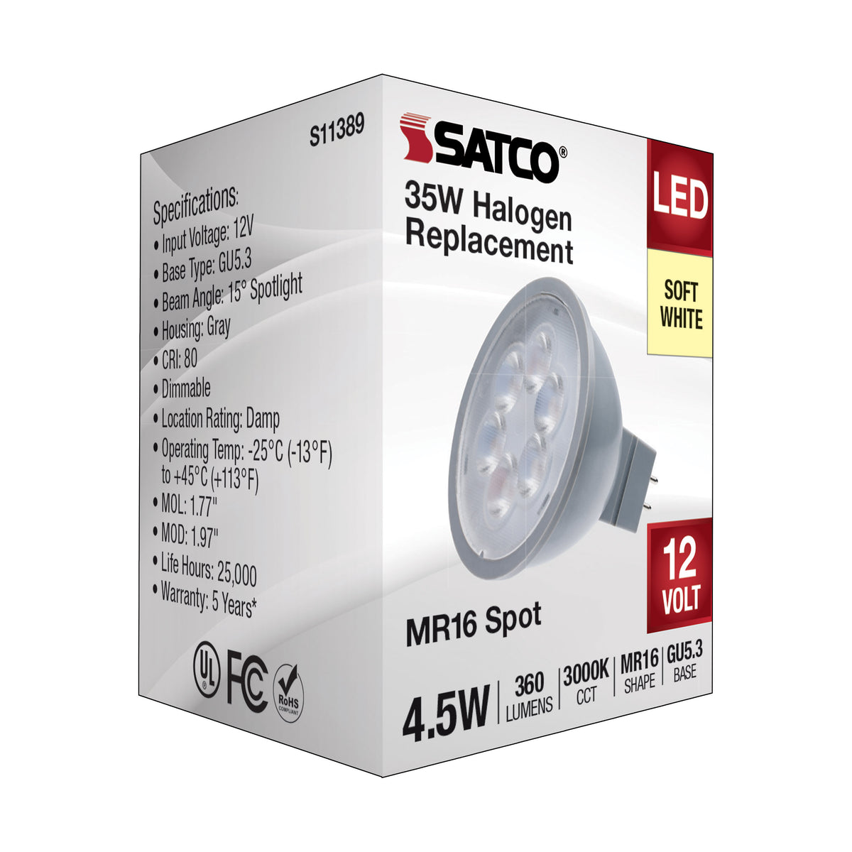 4.5 Watt MR16 LED - Silver Finish - 3000K - GU5.3 Base - 360 Lumens - 12 Volt