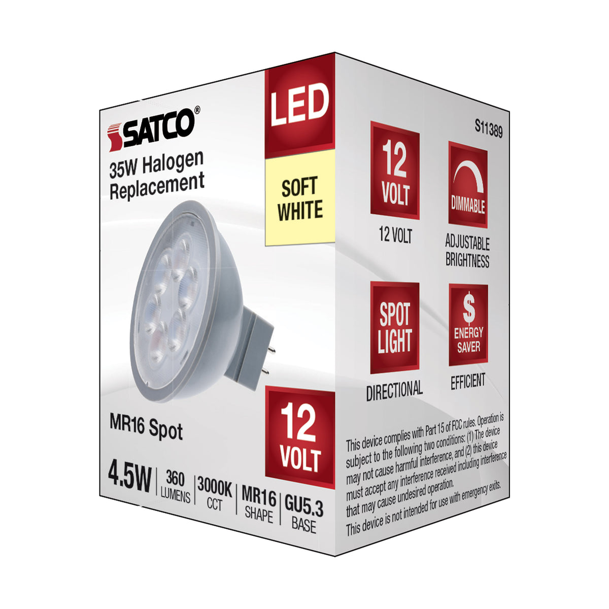4.5 Watt MR16 LED - Silver Finish - 3000K - GU5.3 Base - 360 Lumens - 12 Volt