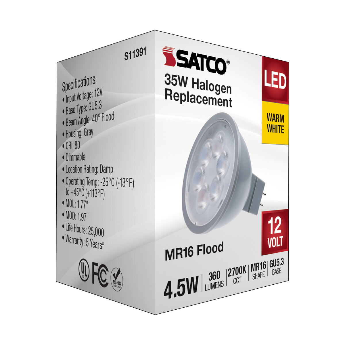 4.5 Watt MR16 LED - Silver Finish - 2700K - GU5.3 Base - 360 Lumens - 12 Volt