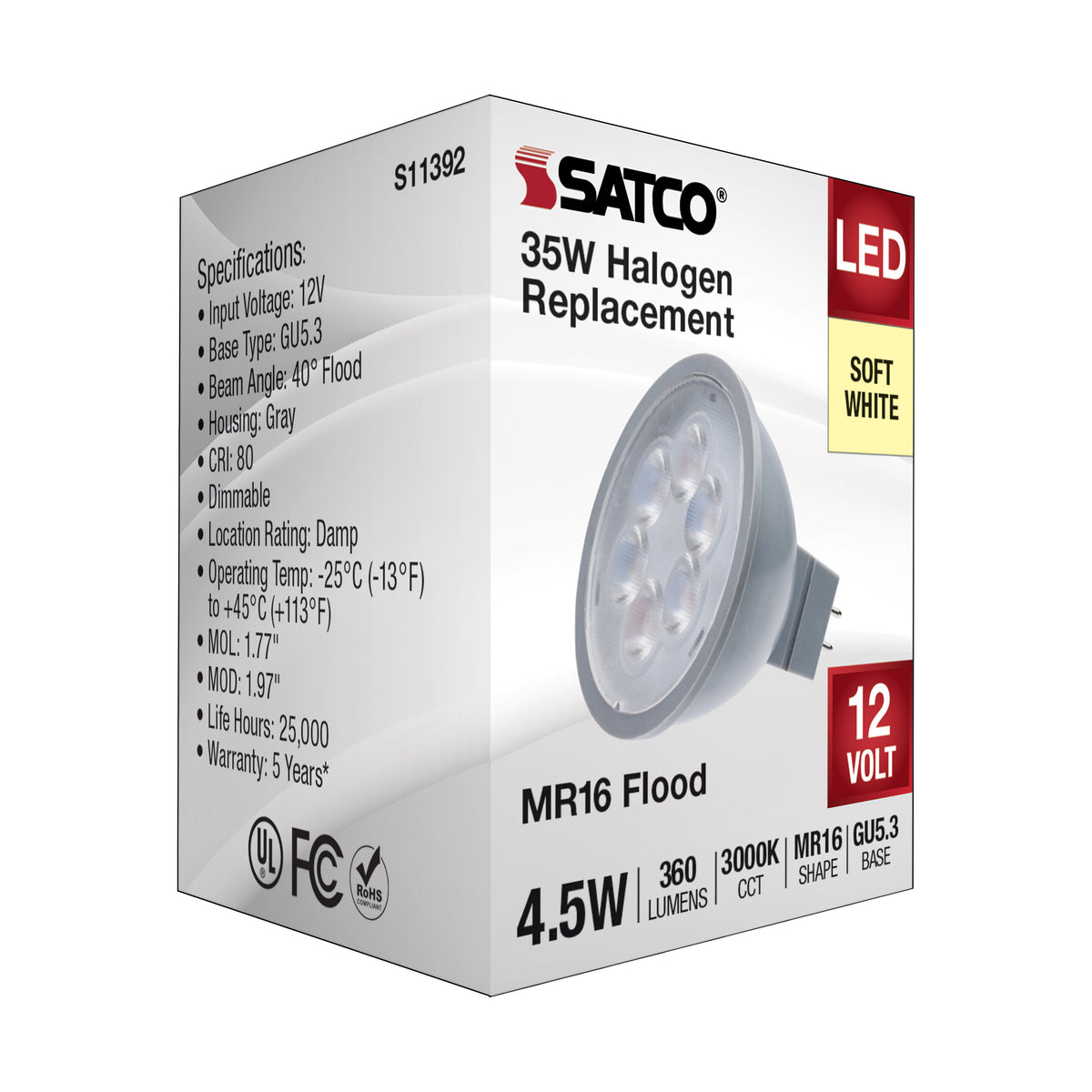 4.5 Watt MR16 LED - Silver Finish - 3000K - GU5.3 Base - 360 Lumens - 12 Volt