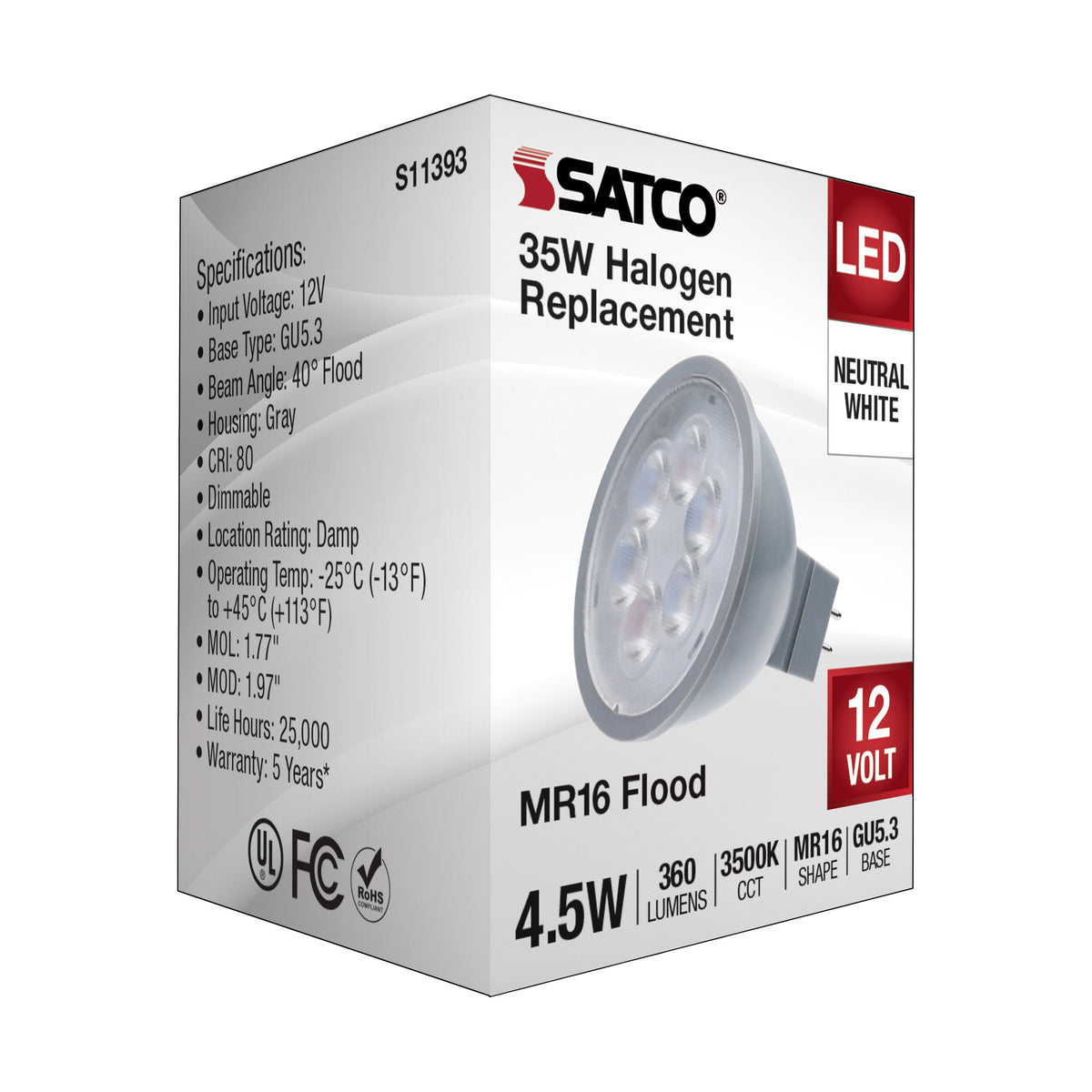 4.5 Watt MR16 LED - Silver Finish - 3500K - GU5.3 Base - 360 Lumens - 12 Volt