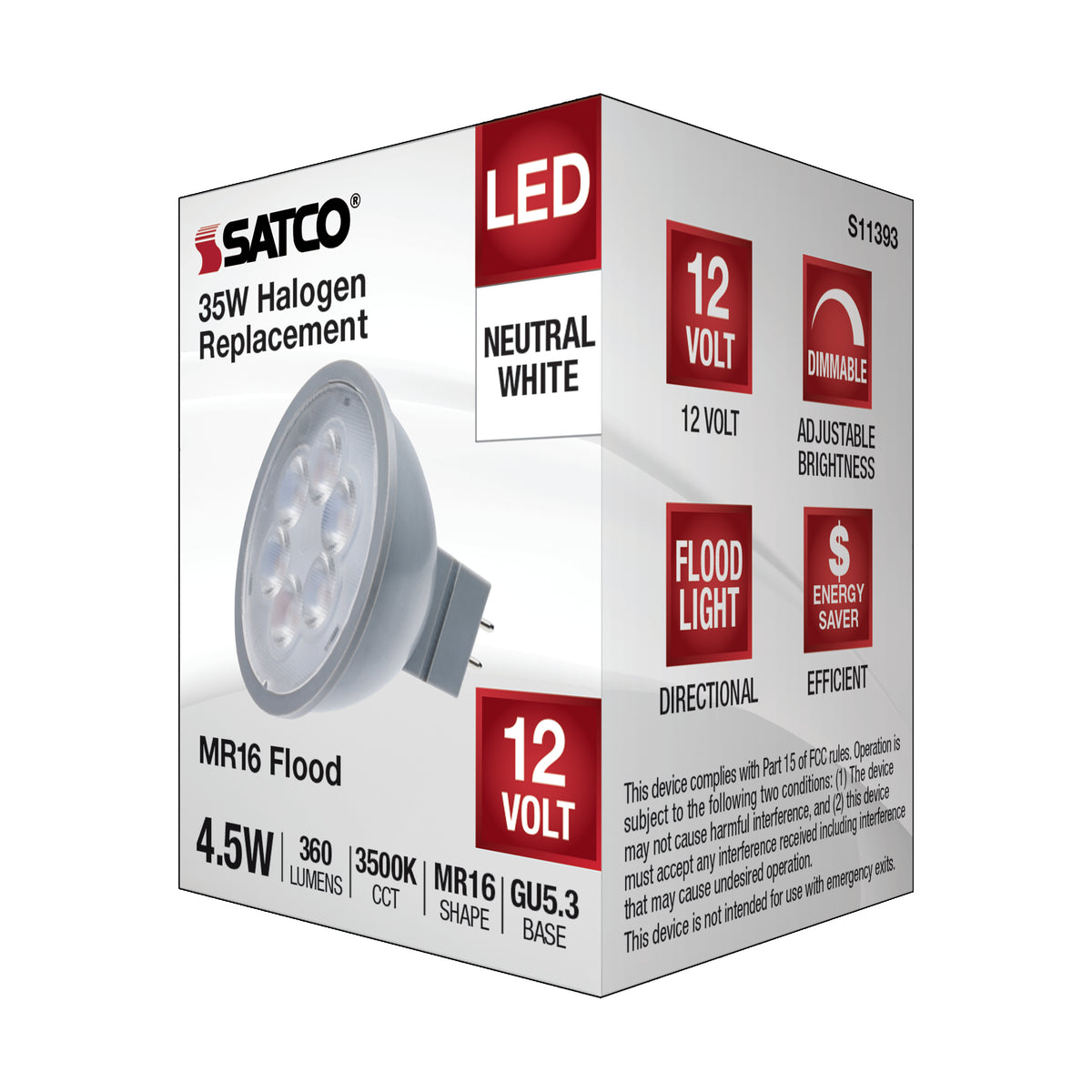 4.5 Watt MR16 LED - Silver Finish - 3500K - GU5.3 Base - 360 Lumens - 12 Volt
