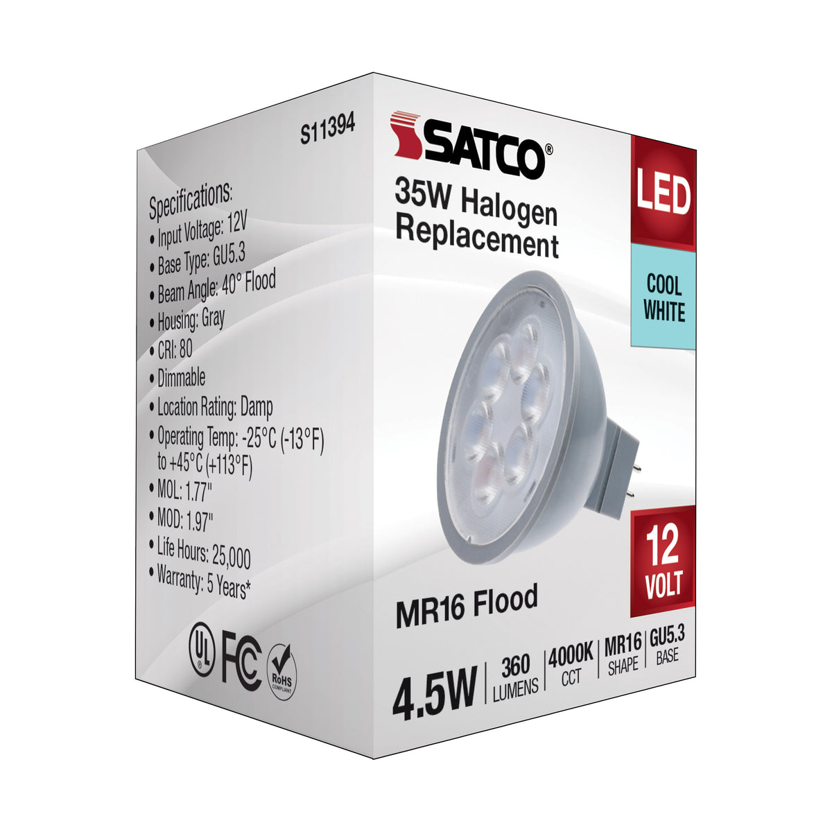 4.5 Watt MR16 LED - Silver Finish - 4000K - GU5.3 Base - 360 Lumens - 12 Volt