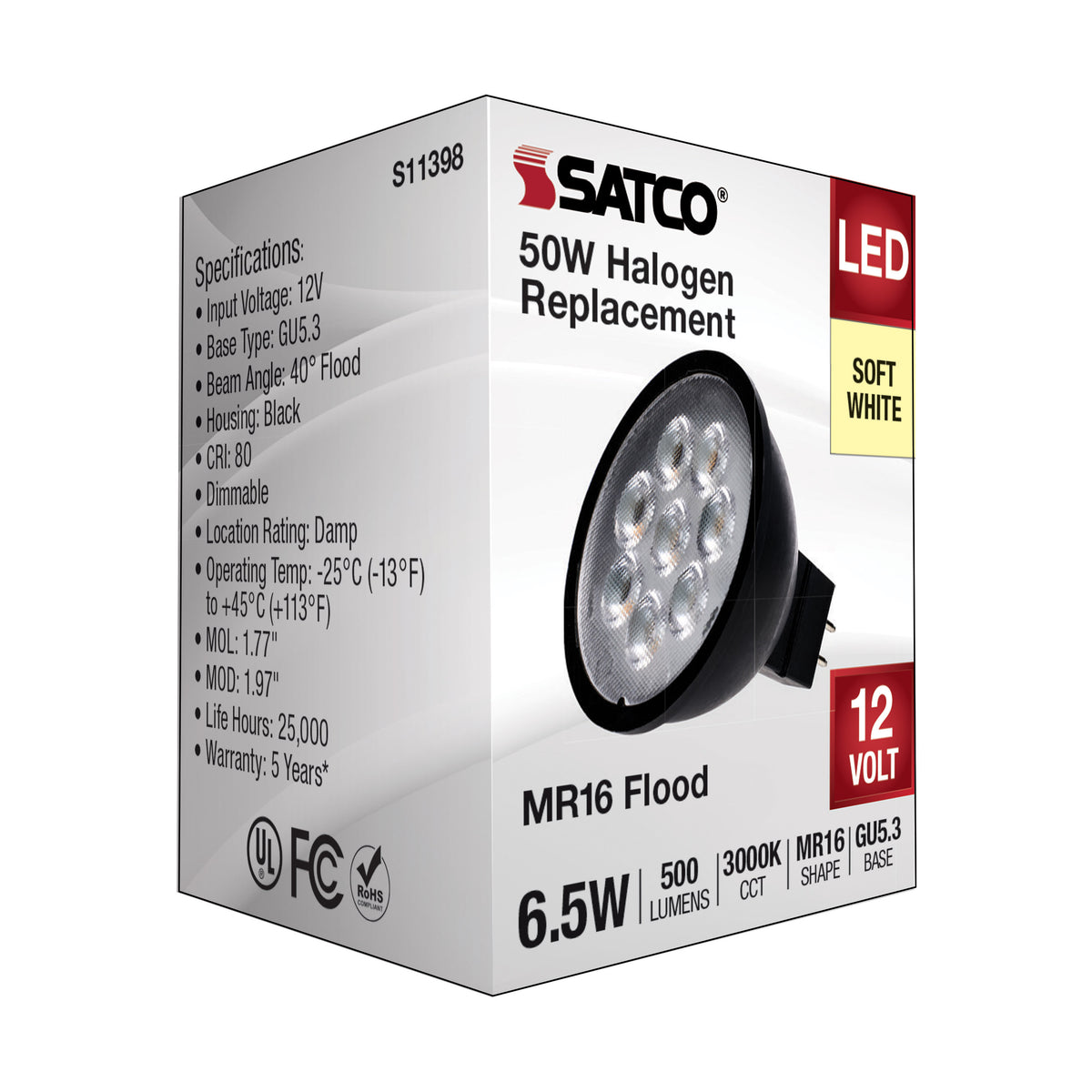 6.5 Watt MR16 LED - Black Finish - 3000K - GU5.3 Base - 500 Lumens - 12 Volt