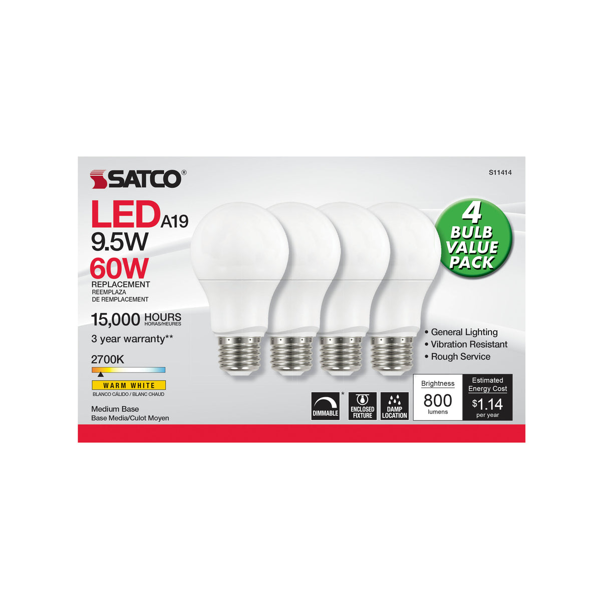 9.5 Watt A19 LED - 2700K - Dimmable - Medium base - 230 deg. Beam Angle - 4-pack