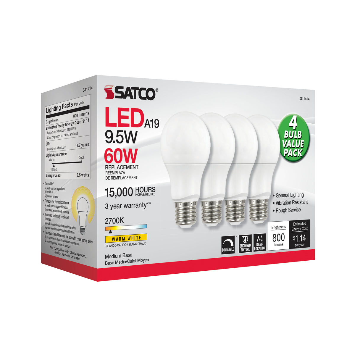 9.5 Watt A19 LED - 2700K - Dimmable - Medium base - 230 deg. Beam Angle - 4-pack