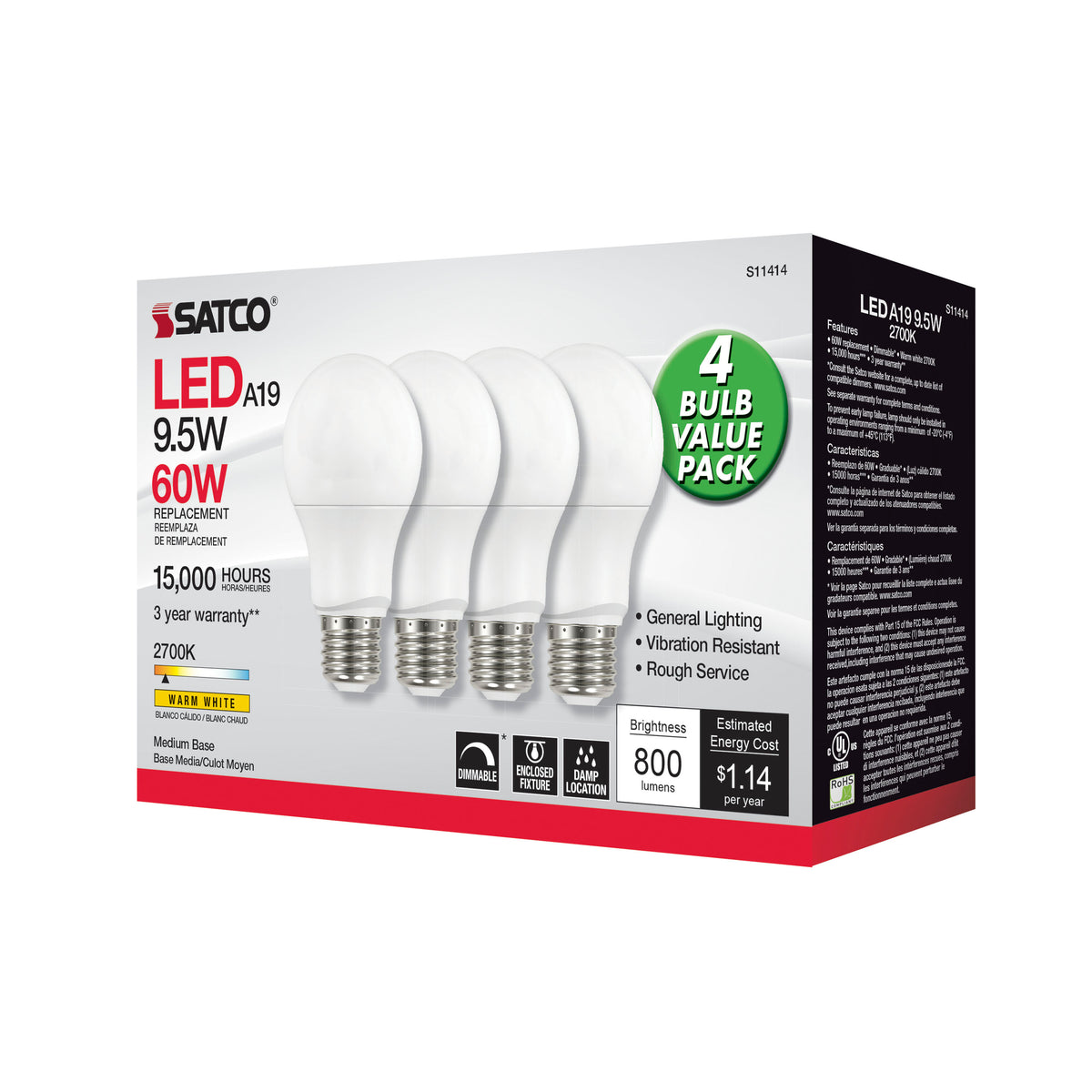 9.5 Watt A19 LED - 2700K - Dimmable - Medium base - 230 deg. Beam Angle - 4-pack