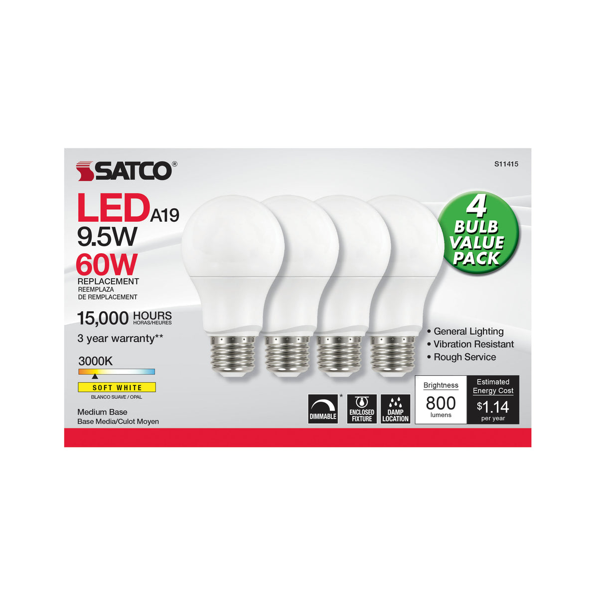 9.5 Watt A19 LED - 3000K - Dimmable - Medium base - 230 deg. Beam Angle - 4-pack