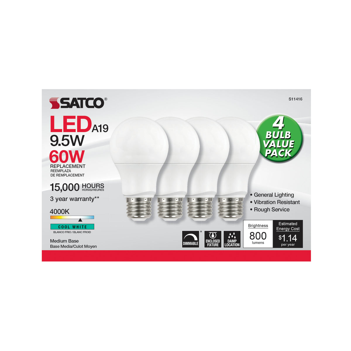 9.5 Watt A19 LED - 4000K - Dimmable - Medium base - 230 deg. Beam Angle - 4-pack