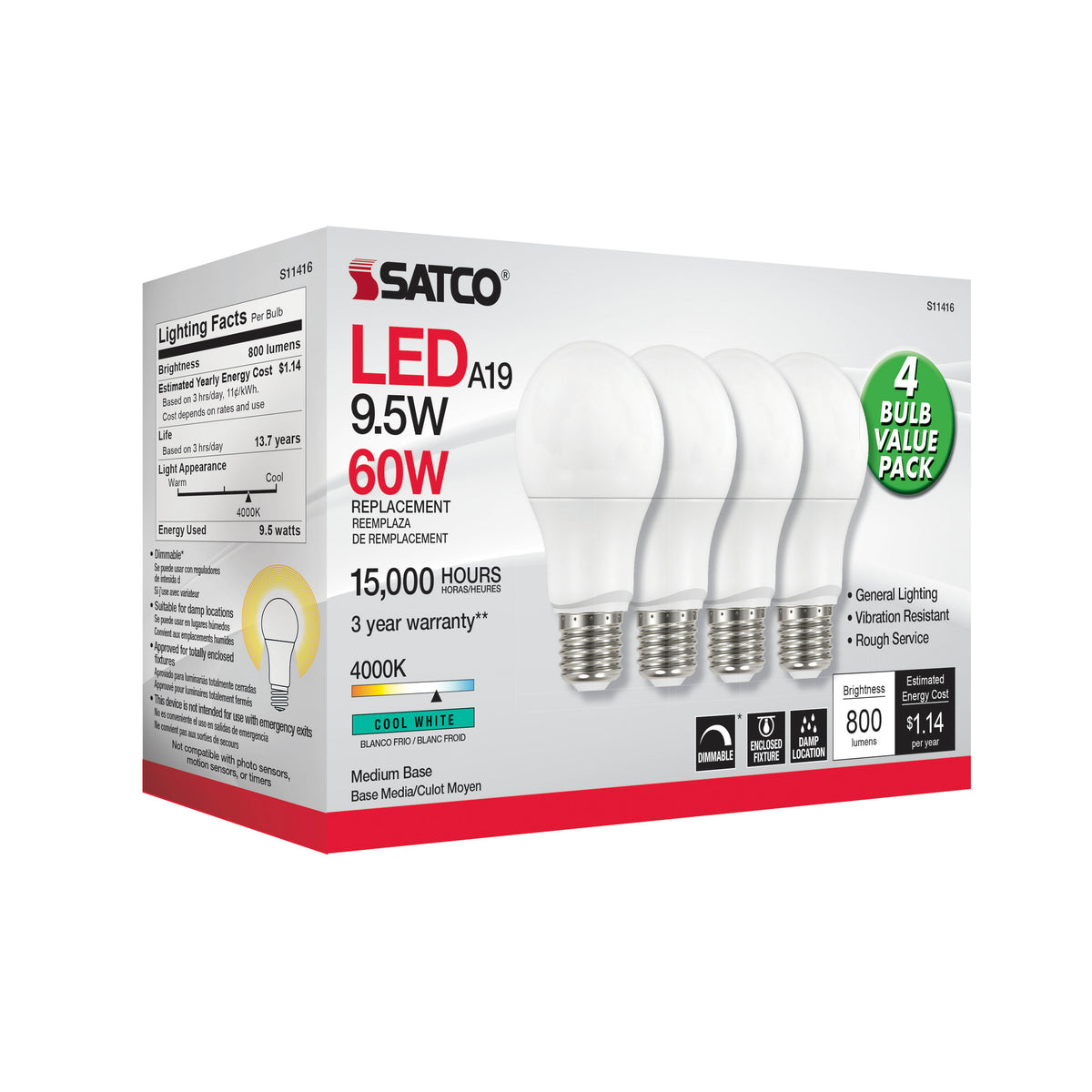 9.5 Watt A19 LED - 4000K - Dimmable - Medium base - 230 deg. Beam Angle - 4-pack