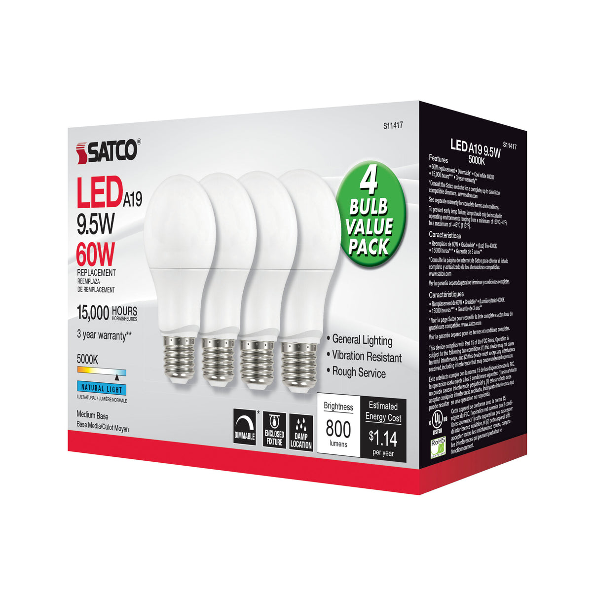 9.5 Watt A19 LED - 4000K - Dimmable - Medium base - 230 deg. Beam Angle - 4-pack