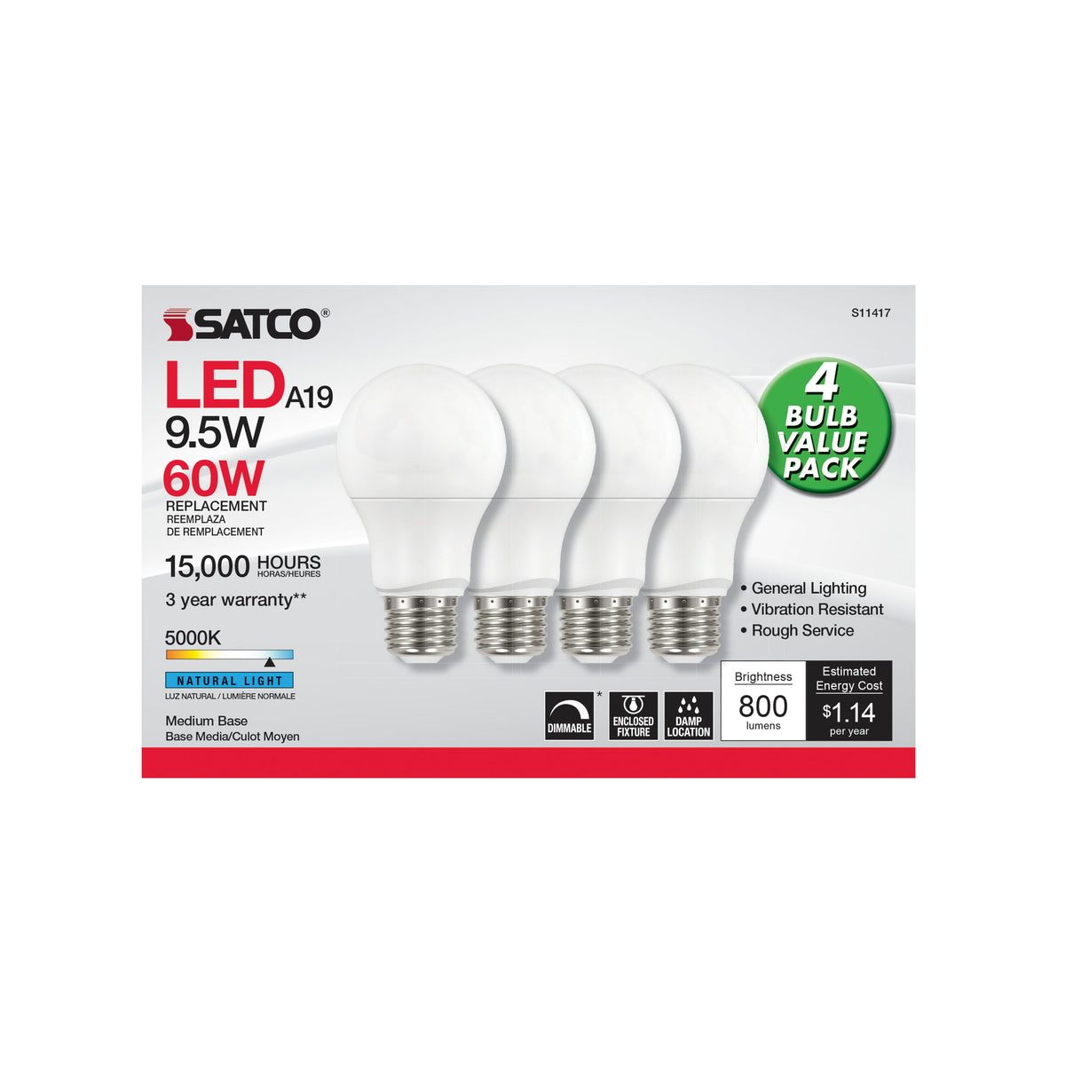 9.5 Watt A19 LED - 5000K - Dimmable - Medium base - 230 deg. Beam Angle - 4-pack