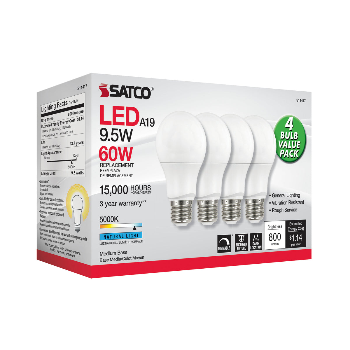 9.5 Watt A19 LED - 5000K - Dimmable - Medium base - 230 deg. Beam Angle - 4-pack