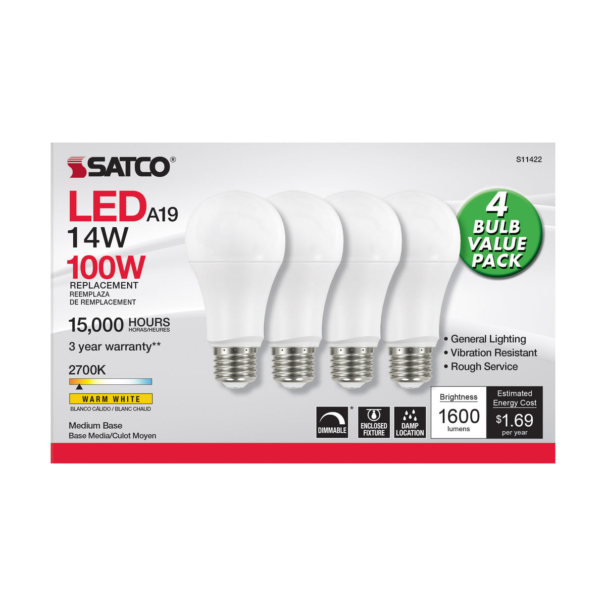 14 Watt A19 LED - 2700K - Dimmable - Medium base - 230 deg. Beam Angle - 4-pack