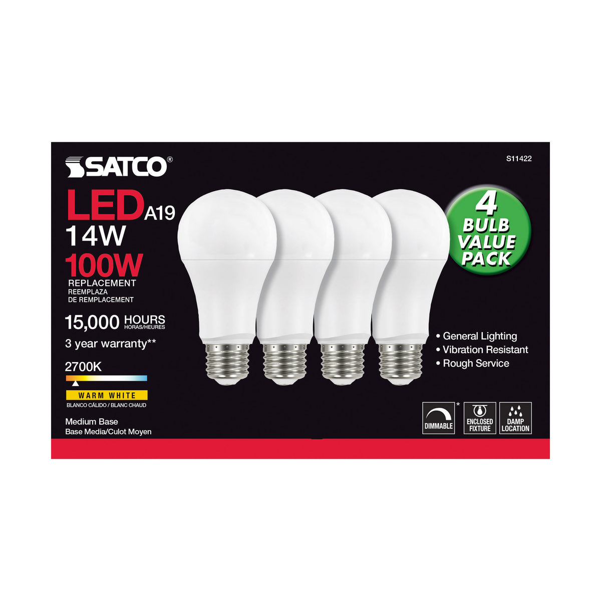 14 Watt A19 LED - 2700K - Dimmable - Medium base - 230 deg. Beam Angle - 4-pack