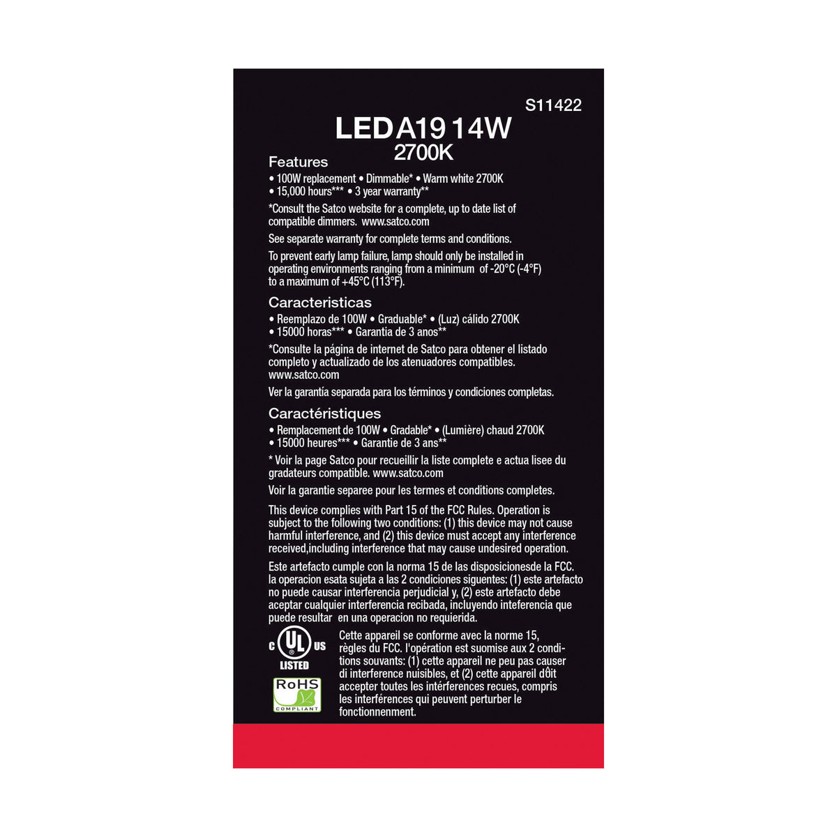 14 Watt A19 LED - 2700K - Dimmable - Medium base - 230 deg. Beam Angle - 4-pack