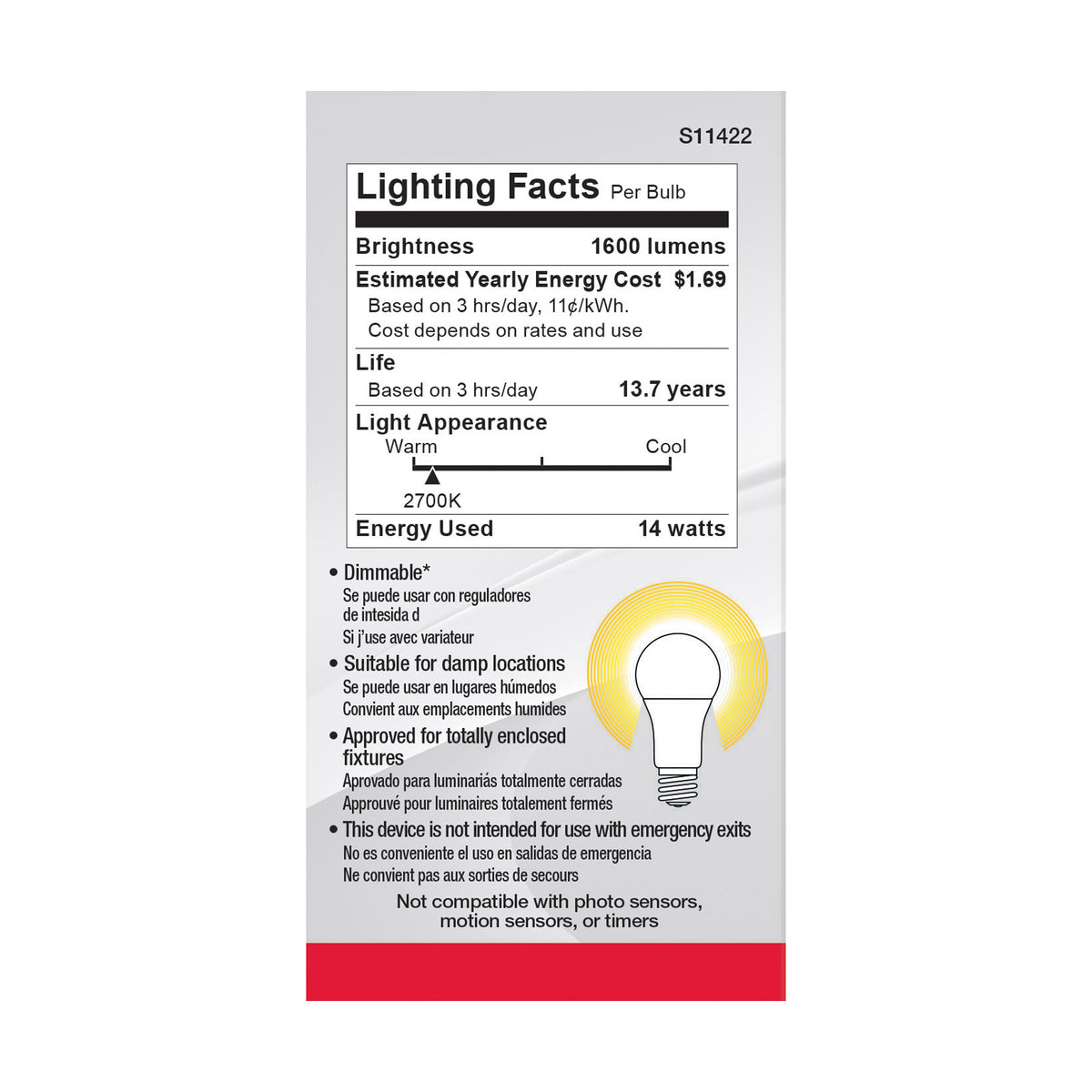 14 Watt A19 LED - 2700K - Dimmable - Medium base - 230 deg. Beam Angle - 4-pack