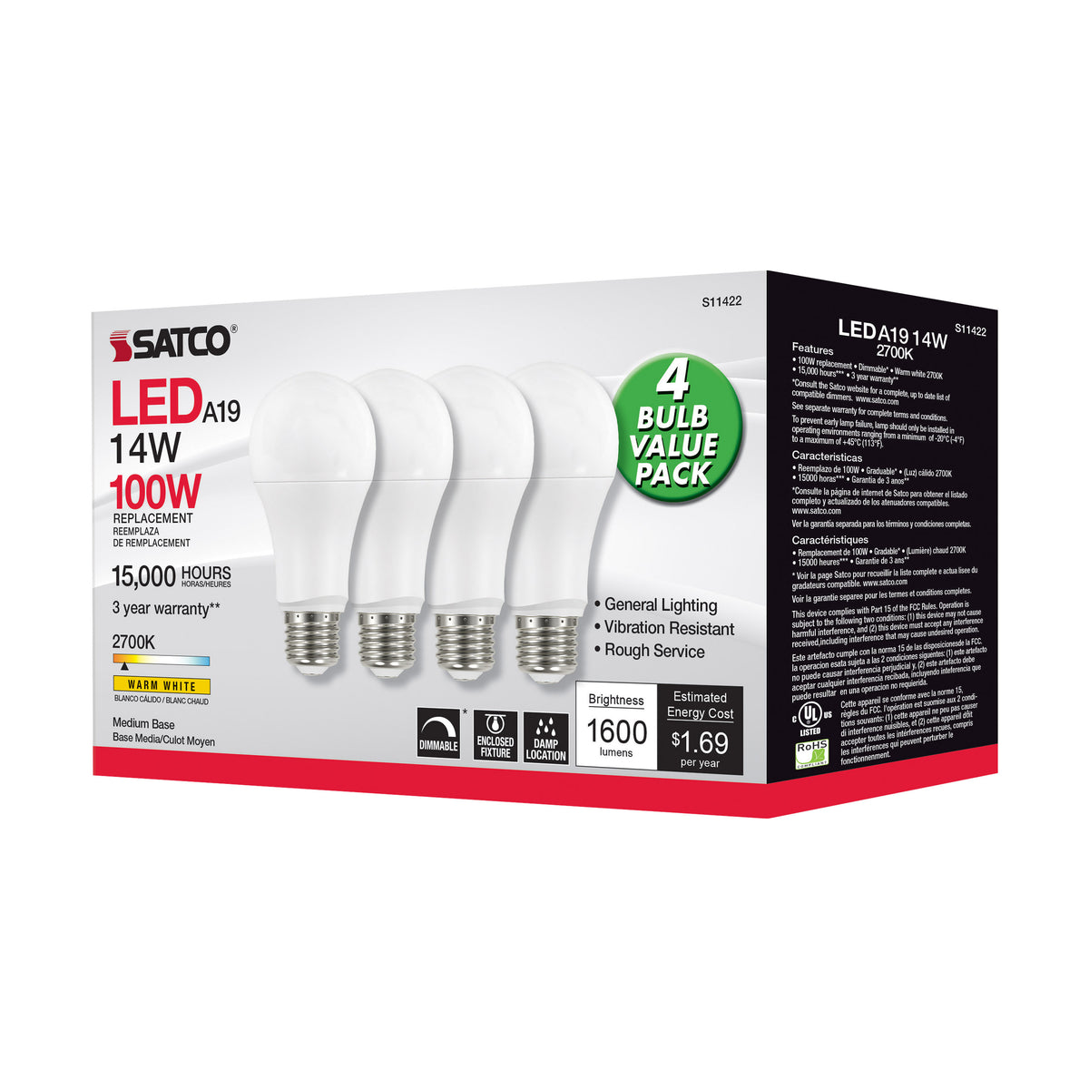 14 Watt A19 LED - 2700K - Dimmable - Medium base - 230 deg. Beam Angle - 4-pack