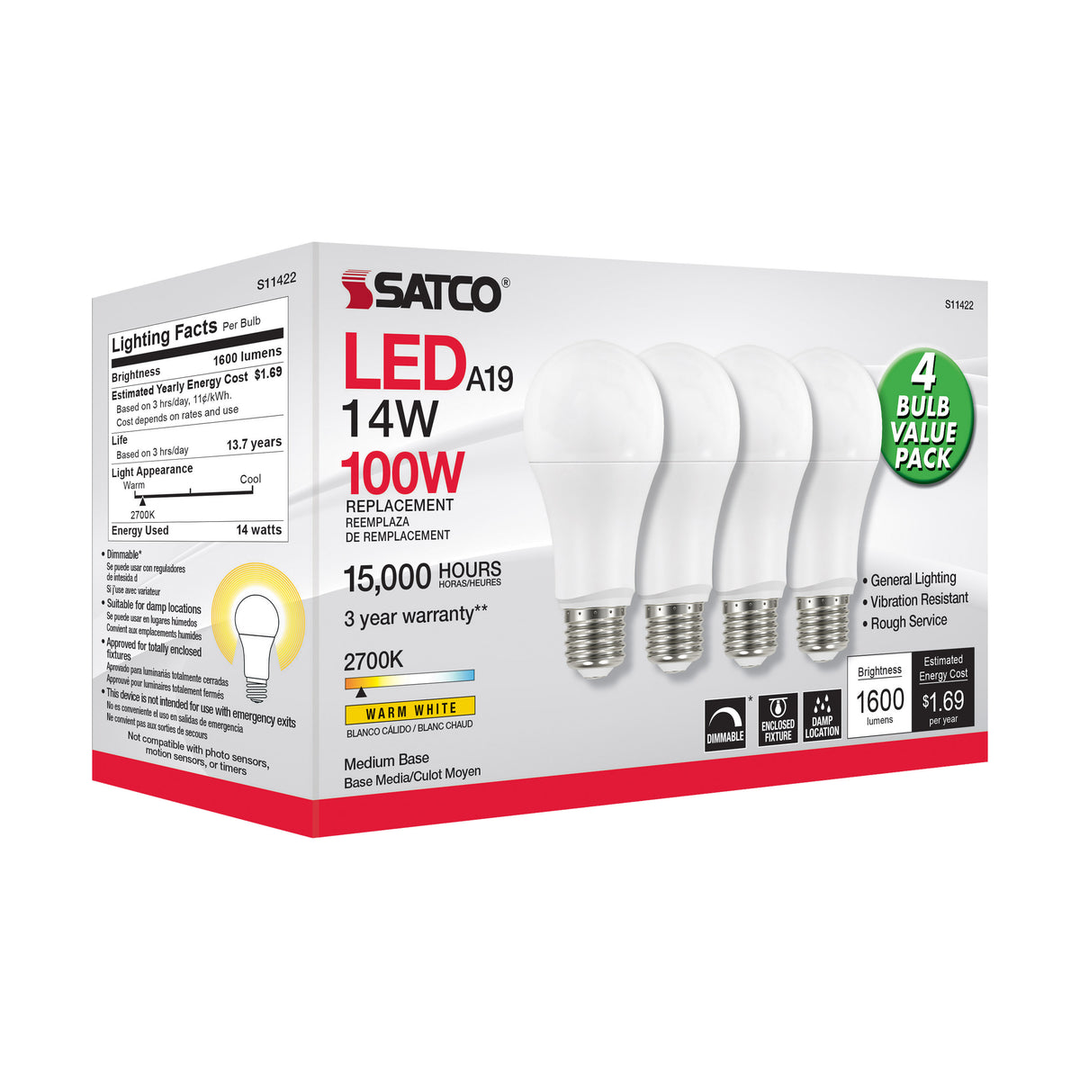 14 Watt A19 LED - 2700K - Dimmable - Medium base - 230 deg. Beam Angle - 4-pack