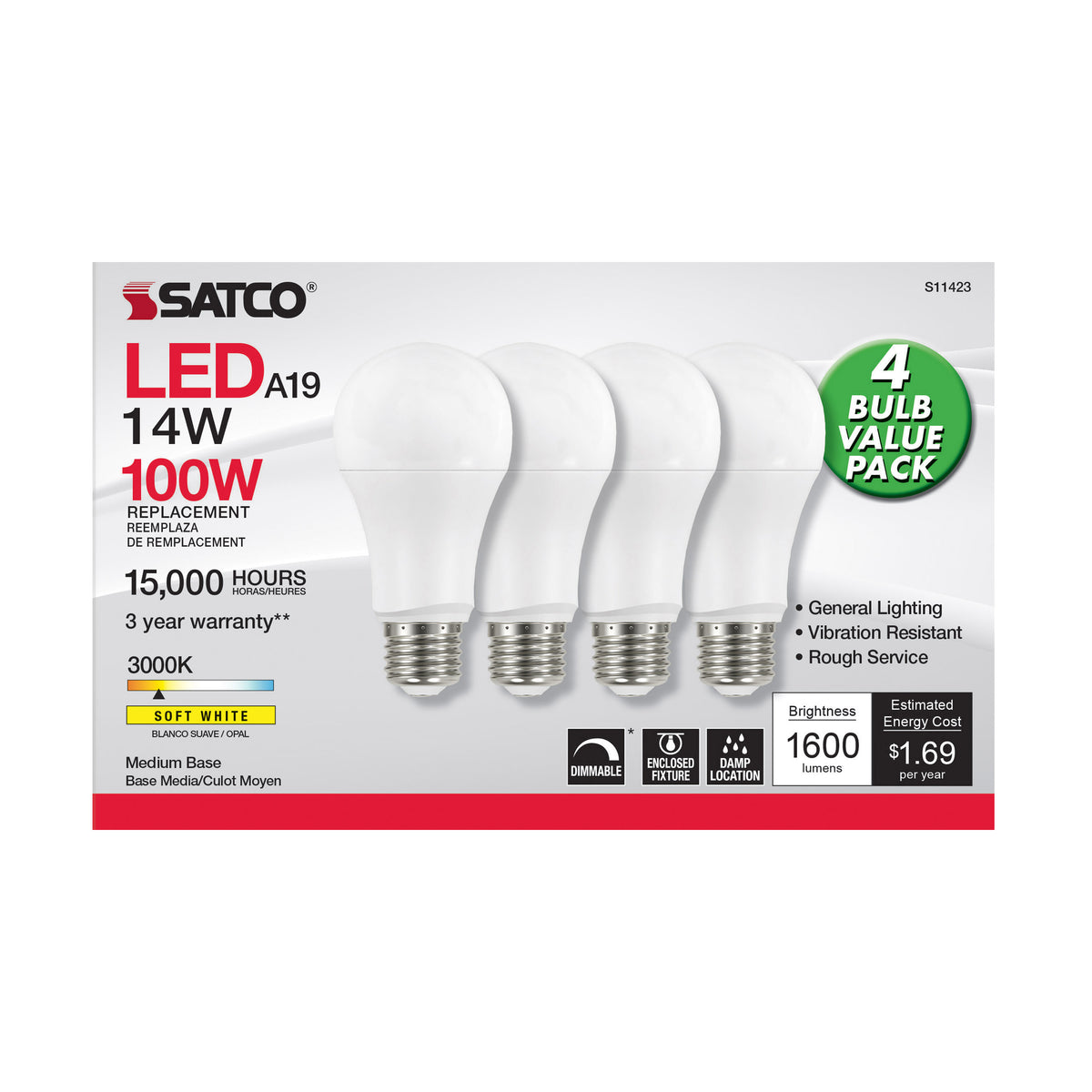 14 Watt A19 LED - 3000K - Dimmable - Medium base - 230 deg. Beam Angle - 4-pack