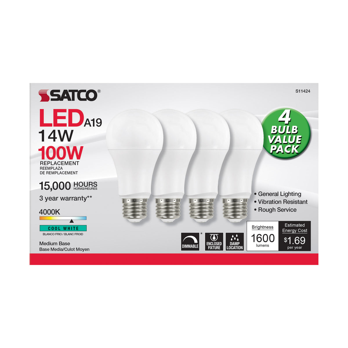 14 Watt A19 LED - 4000K - Dimmable - Medium base - 230 deg. Beam Angle - 4-pack
