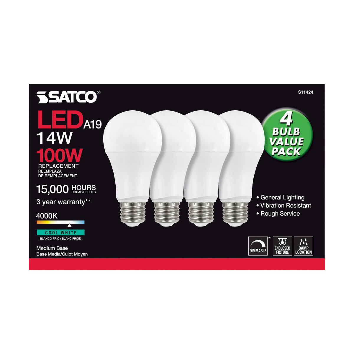 14 Watt A19 LED - 4000K - Dimmable - Medium base - 230 deg. Beam Angle - 4-pack