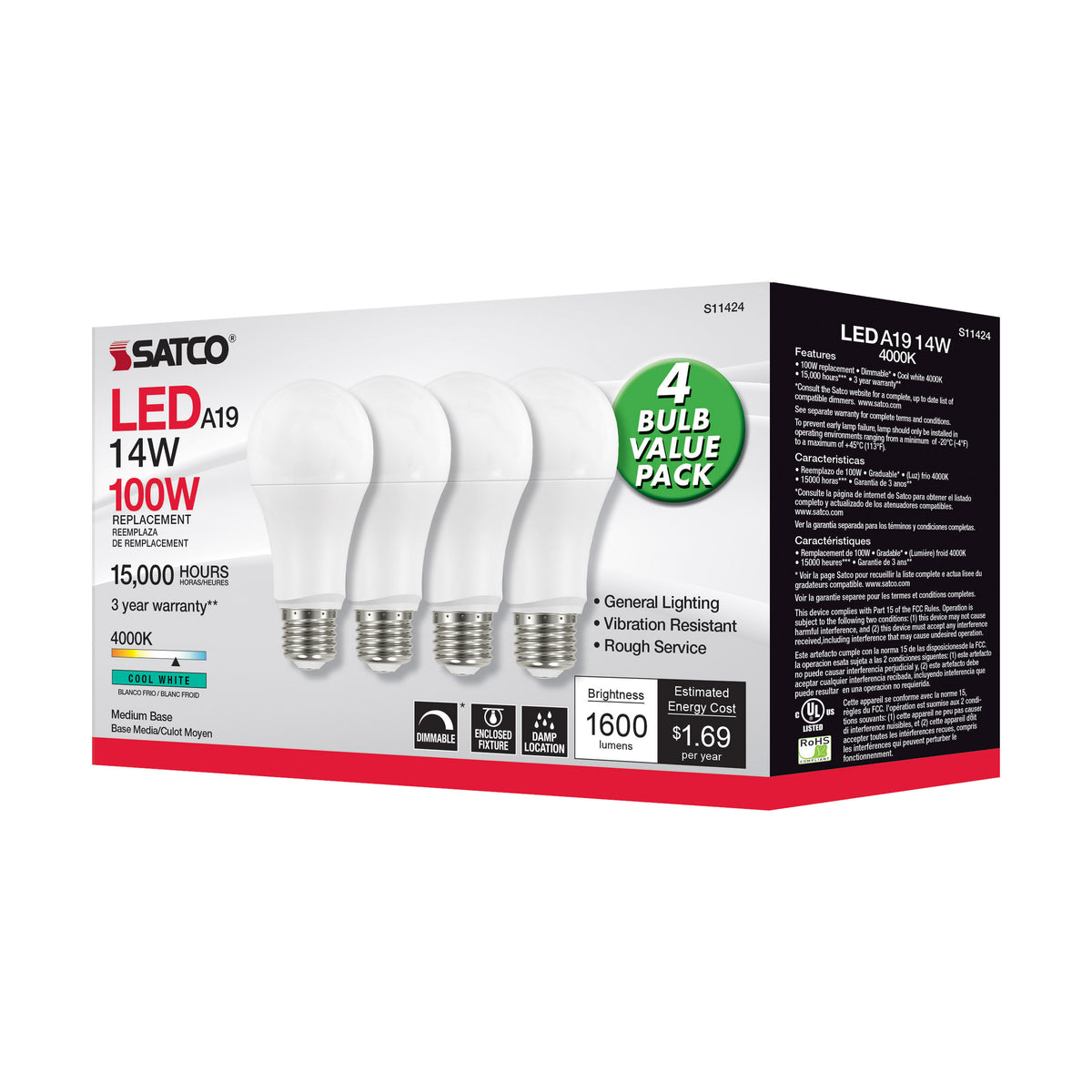 14 Watt A19 LED - 4000K - Dimmable - Medium base - 230 deg. Beam Angle - 4-pack