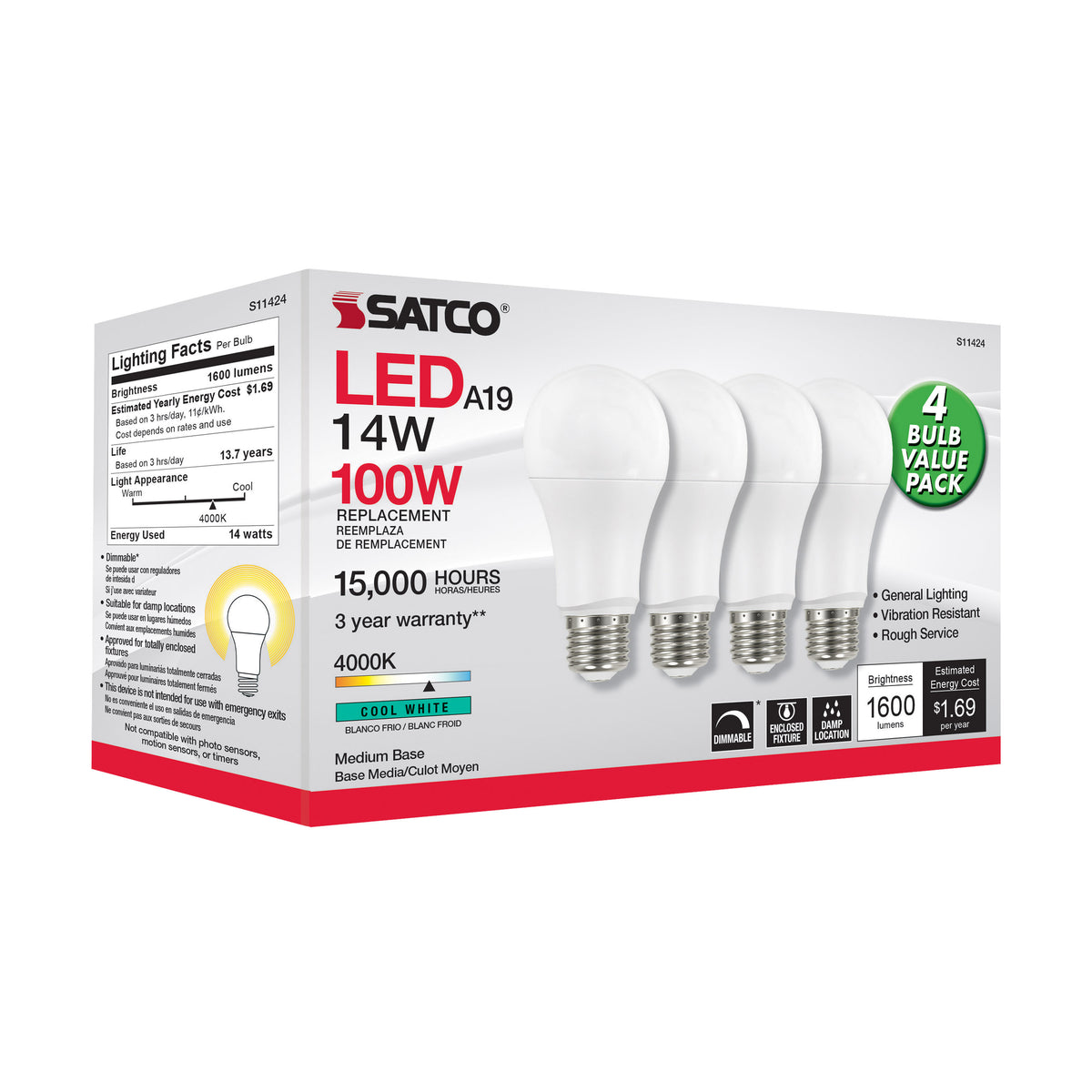 14 Watt A19 LED - 4000K - Dimmable - Medium base - 230 deg. Beam Angle - 4-pack