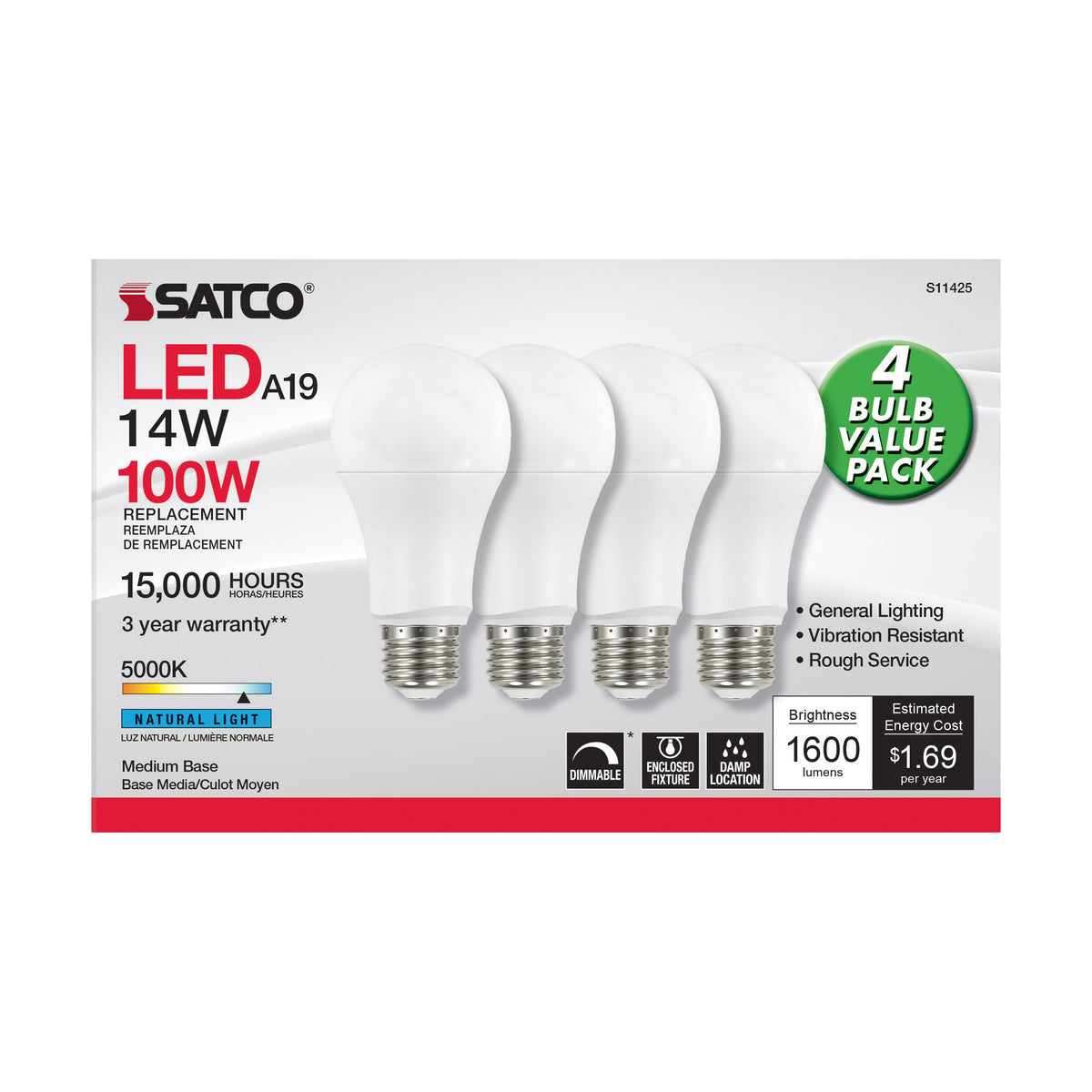 14 Watt A19 LED - 5000K - Dimmable - Medium base - 230 deg. Beam Angle - 4-pack