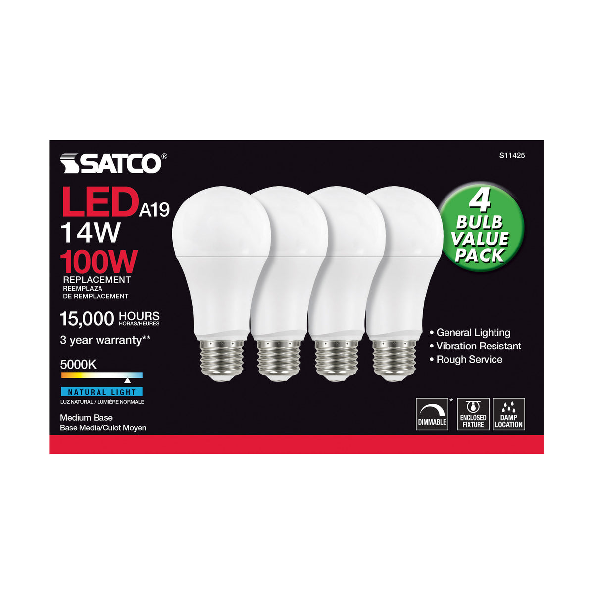 14 Watt A19 LED - 5000K - Dimmable - Medium base - 230 deg. Beam Angle - 4-pack