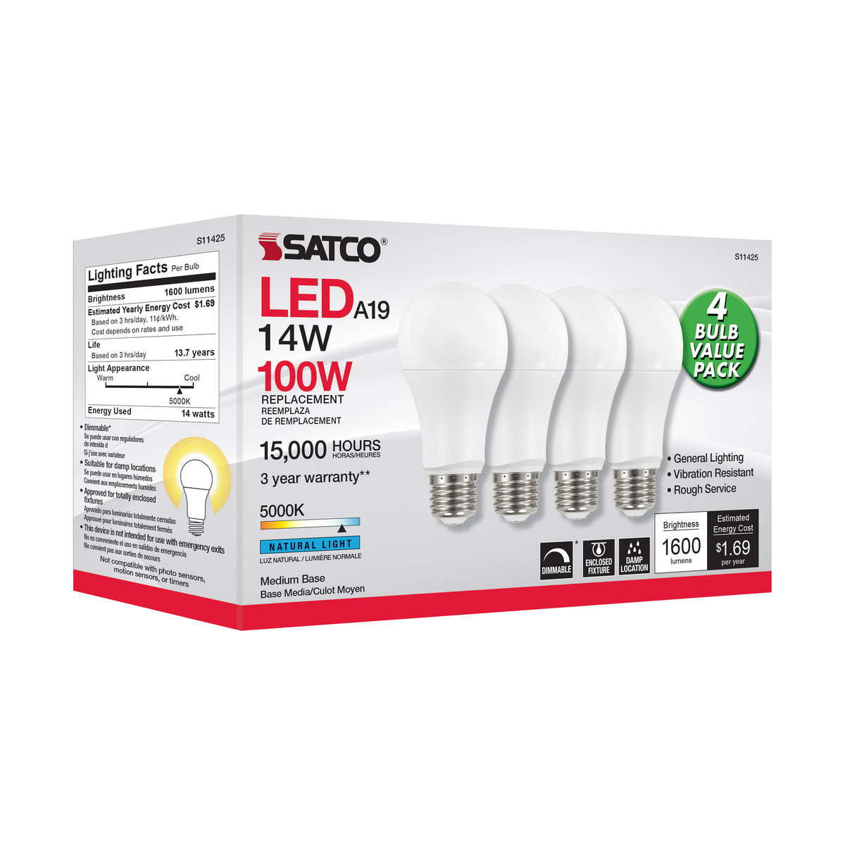 14 Watt A19 LED - 5000K - Dimmable - Medium base - 230 deg. Beam Angle - 4-pack