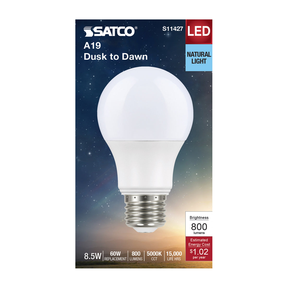 8.5 Watt - A19 LED - Dusk to Dawn With PhotoCell - 5000K - Medium base - 200 deg. Beam Angle - 120 Volt