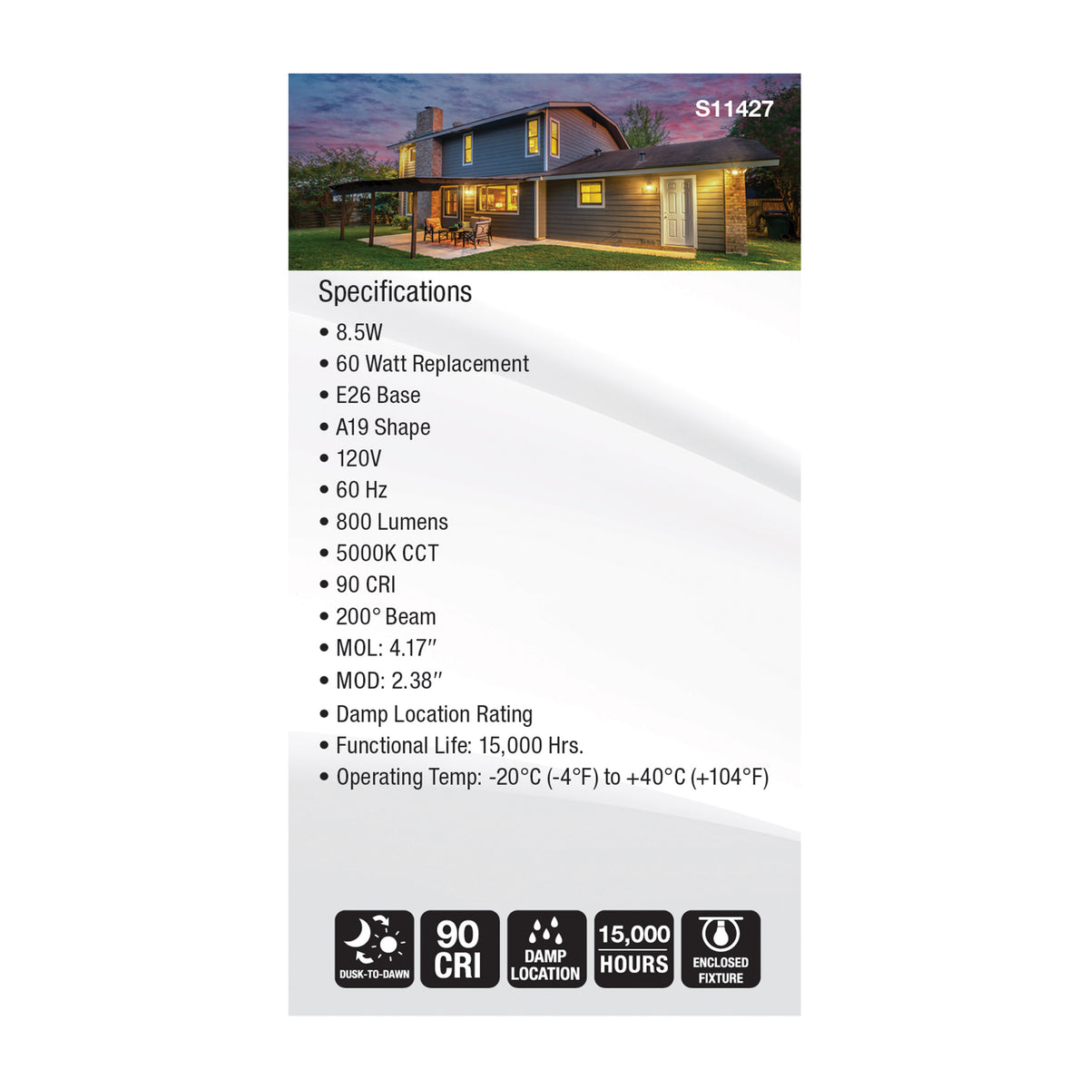 8.5 Watt - A19 LED - Dusk to Dawn With PhotoCell - 5000K - Medium base - 200 deg. Beam Angle - 120 Volt