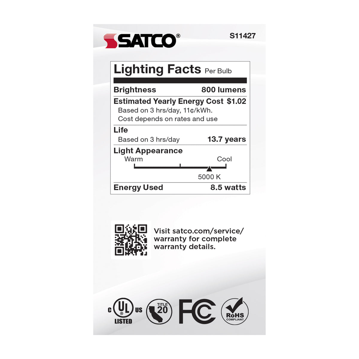 8.5 Watt - A19 LED - Dusk to Dawn With PhotoCell - 5000K - Medium base - 200 deg. Beam Angle - 120 Volt