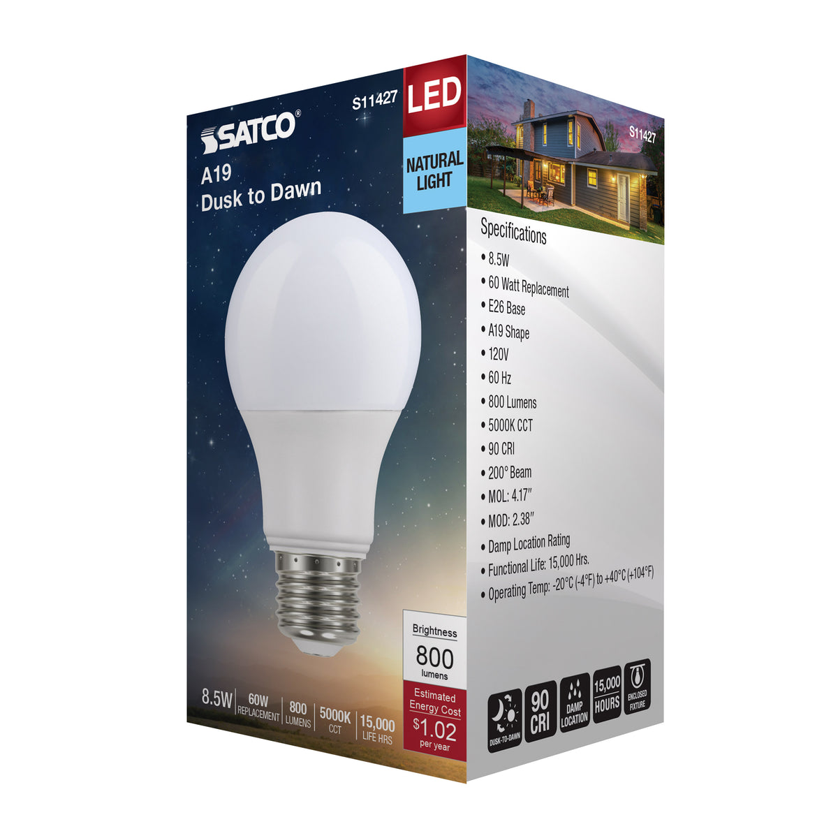 8.5 Watt - A19 LED - Dusk to Dawn With PhotoCell - 5000K - Medium base - 200 deg. Beam Angle - 120 Volt