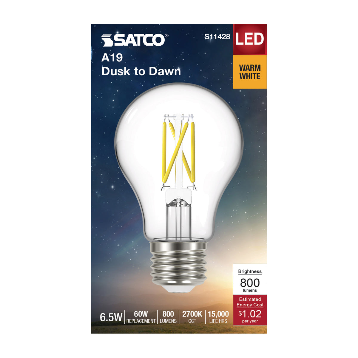6.5 Watt - A19 LED Filament - Dusk to Dawn With PhotoCell - 2700K - Medium base - 320 deg. Beam Angle - 120 Volt