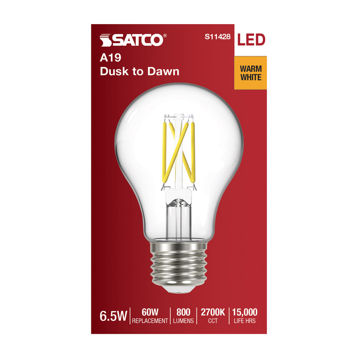 6.5 Watt - A19 LED Filament - Dusk to Dawn With PhotoCell - 2700K - Medium base - 320 deg. Beam Angle - 120 Volt
