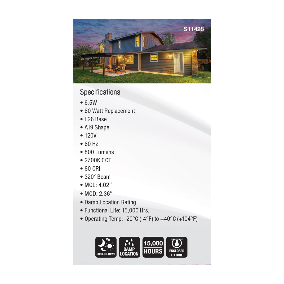 6.5 Watt - A19 LED Filament - Dusk to Dawn With PhotoCell - 2700K - Medium base - 320 deg. Beam Angle - 120 Volt