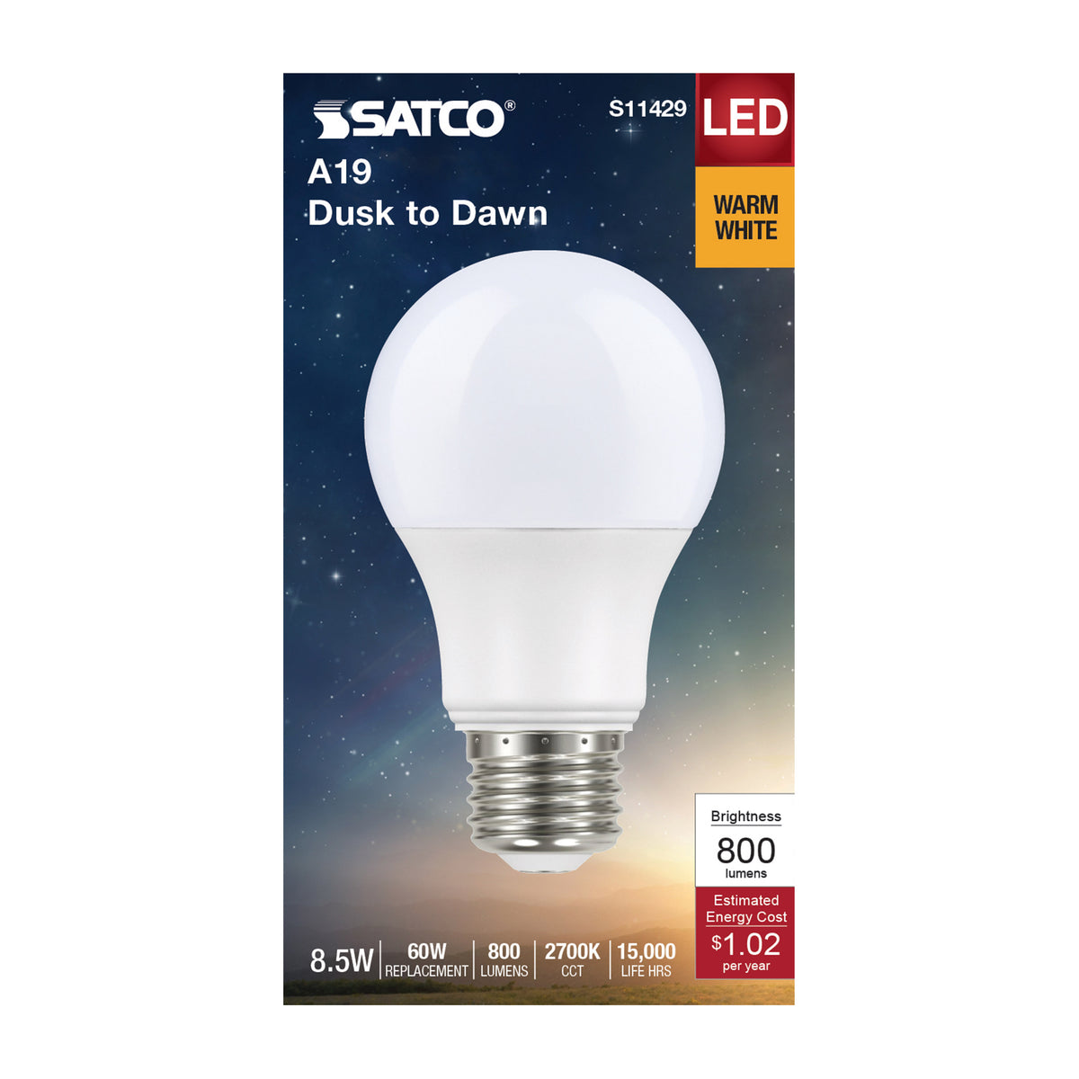 8.5 Watt - A19 LED - Dusk to Dawn - 2700K - 90CRI - Medium base - 200 deg. Beam Angle - 120 Volt