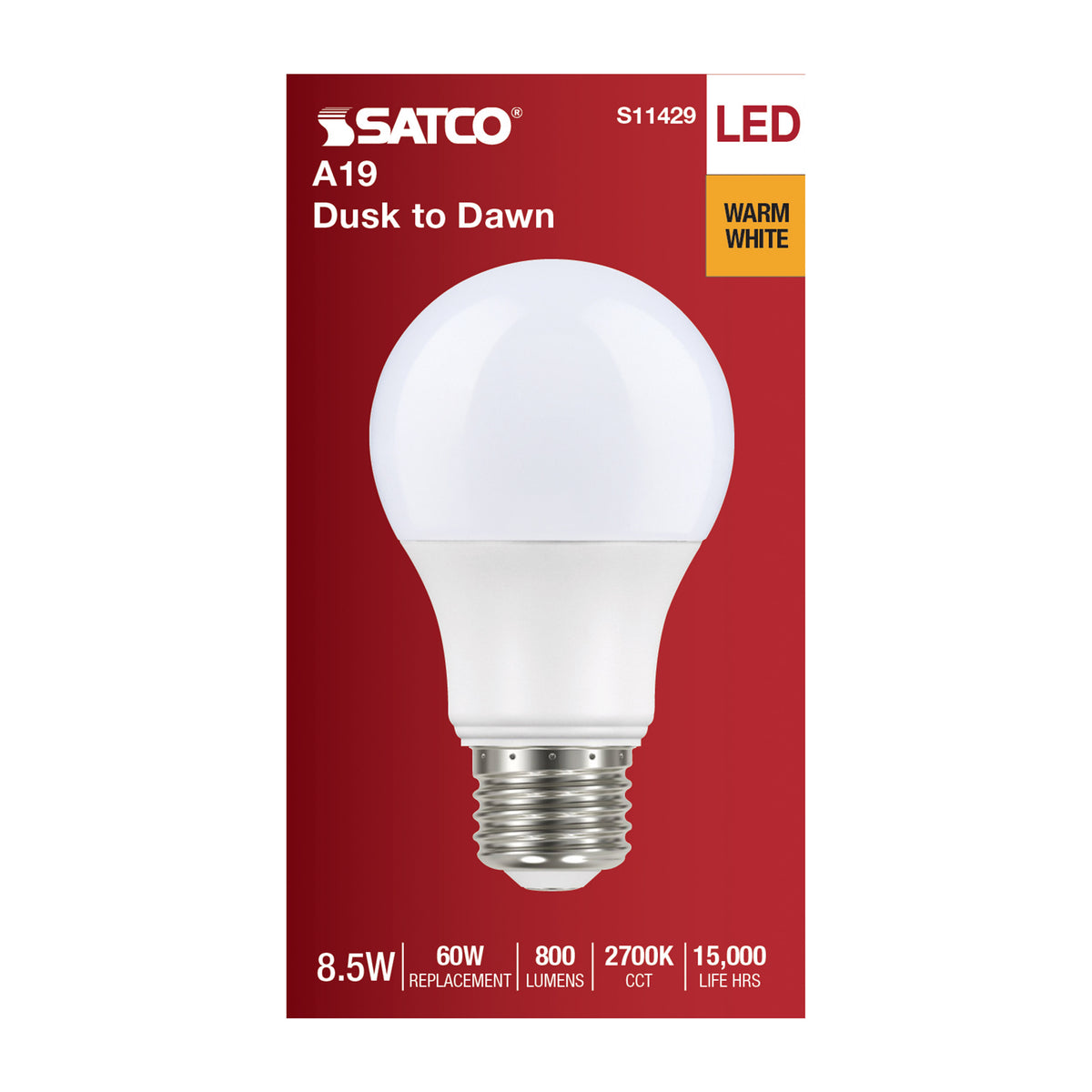 8.5 Watt - A19 LED - Dusk to Dawn - 2700K - 90CRI - Medium base - 200 deg. Beam Angle - 120 Volt