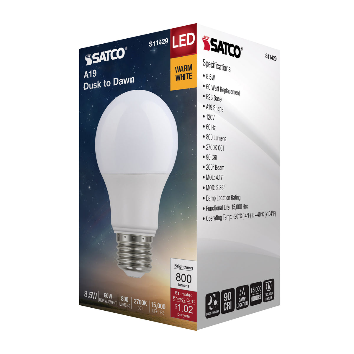 8.5 Watt - A19 LED - Dusk to Dawn - 2700K - 90CRI - Medium base - 200 deg. Beam Angle - 120 Volt
