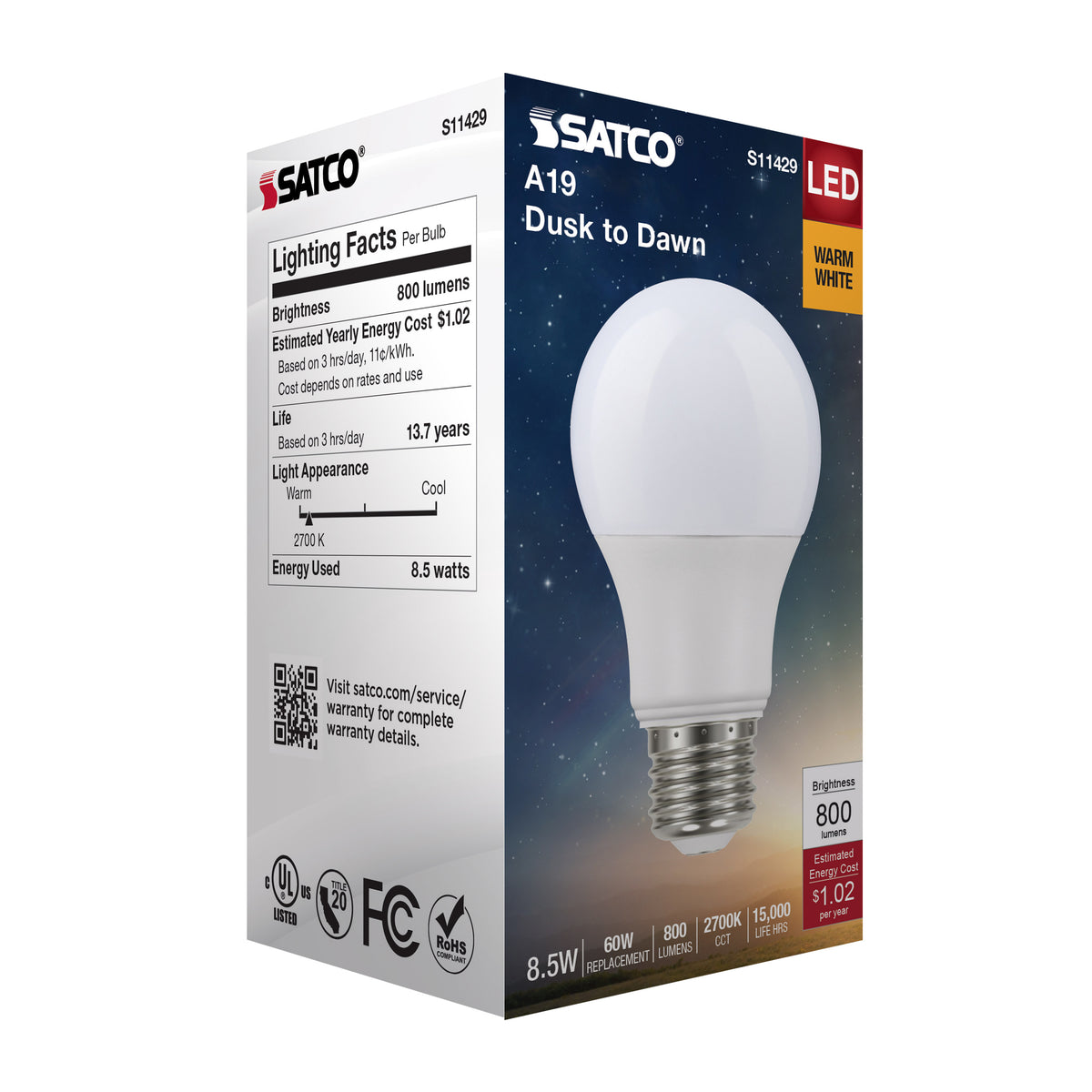 8.5 Watt - A19 LED - Dusk to Dawn - 2700K - 90CRI - Medium base - 200 deg. Beam Angle - 120 Volt