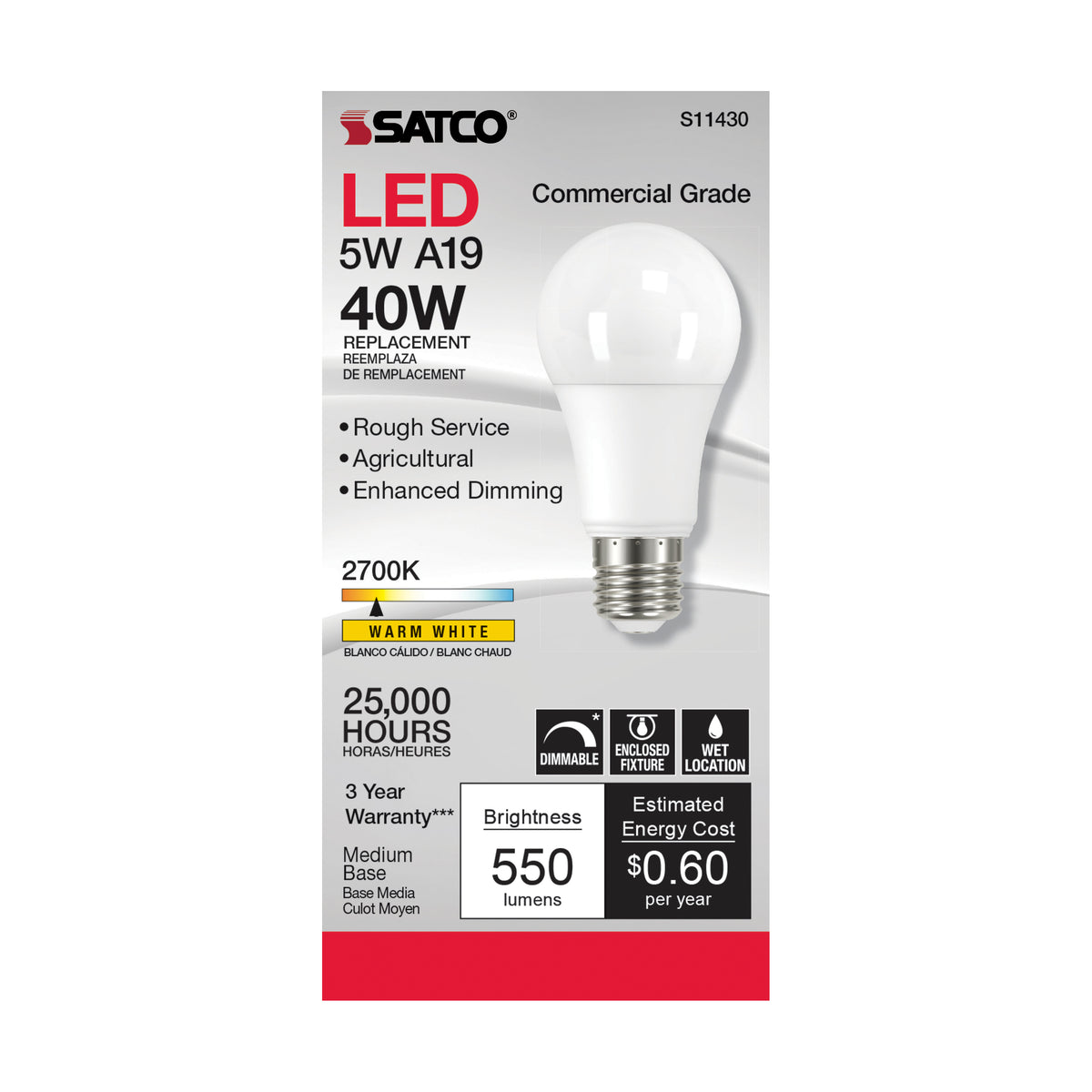 5 Watt - A19 LED Dimmable Agriculture Bulb - 2700K - 120 Volt