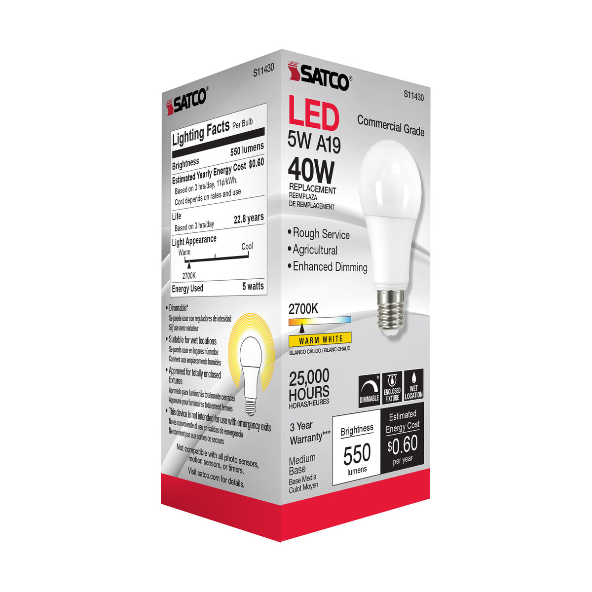 5 Watt - A19 LED Dimmable Agriculture Bulb - 2700K - 120 Volt