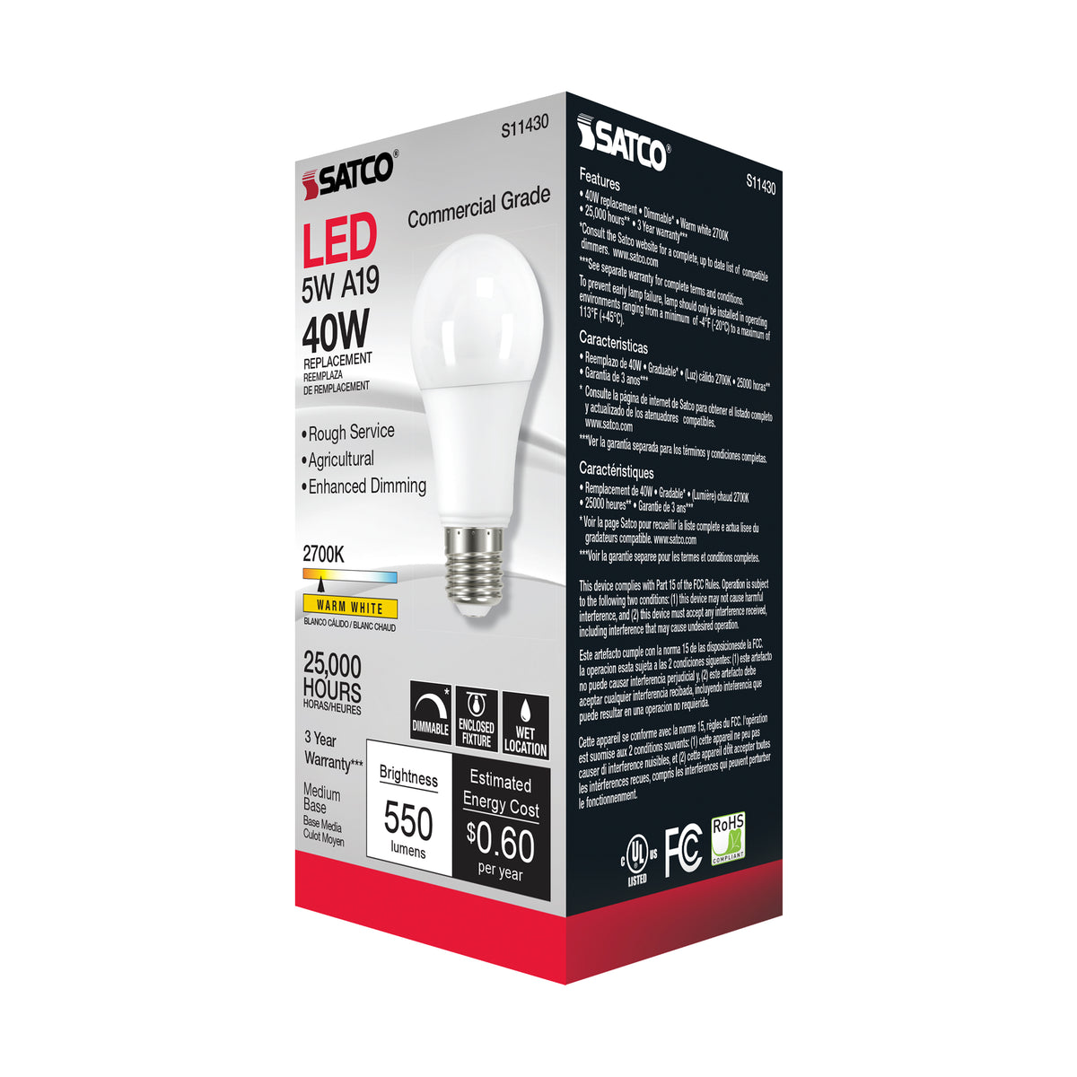 5 Watt - A19 LED Dimmable Agriculture Bulb - 2700K - 120 Volt