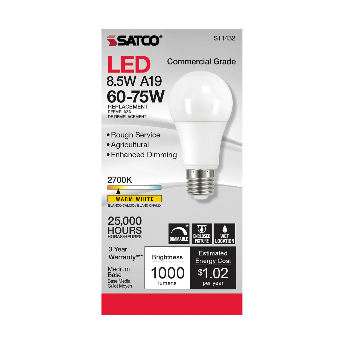 8.5 Watt - A19 LED Dimmable Agriculture Bulb - 2700K - 120 Volt