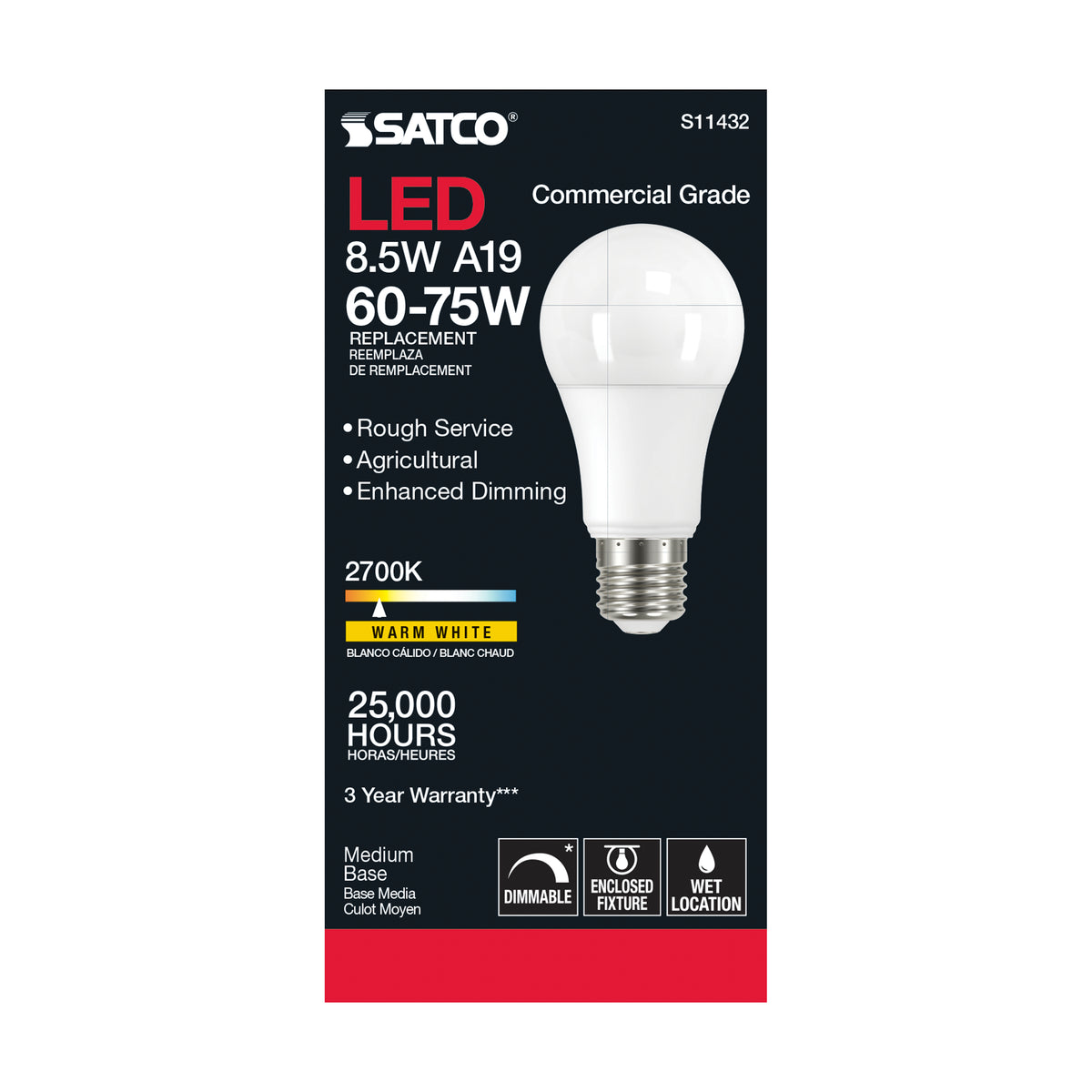 8.5 Watt - A19 LED Dimmable Agriculture Bulb - 2700K - 120 Volt