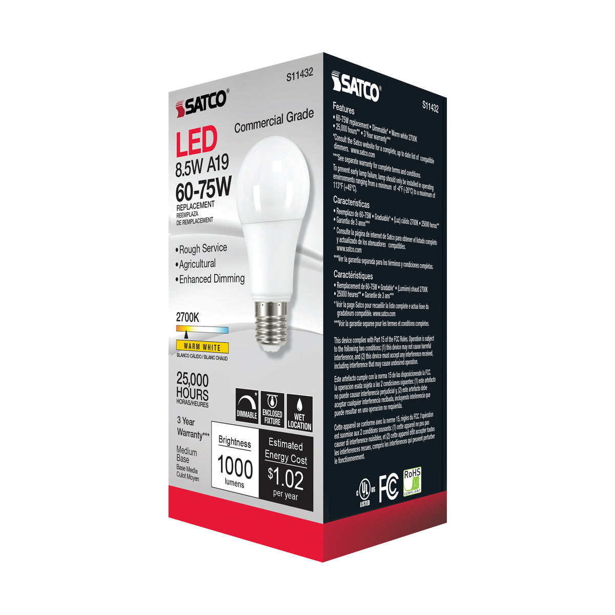8.5 Watt - A19 LED Dimmable Agriculture Bulb - 2700K - 120 Volt